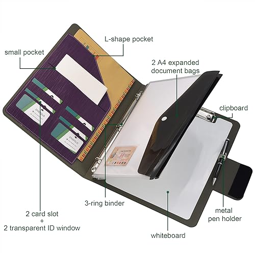 Miniatura 2 de Carpeta de 3 anillos con portapapeles de pizarra blanca y bolsa de documentos expandida, carpeta de anillos de padfolio organizador de negocios