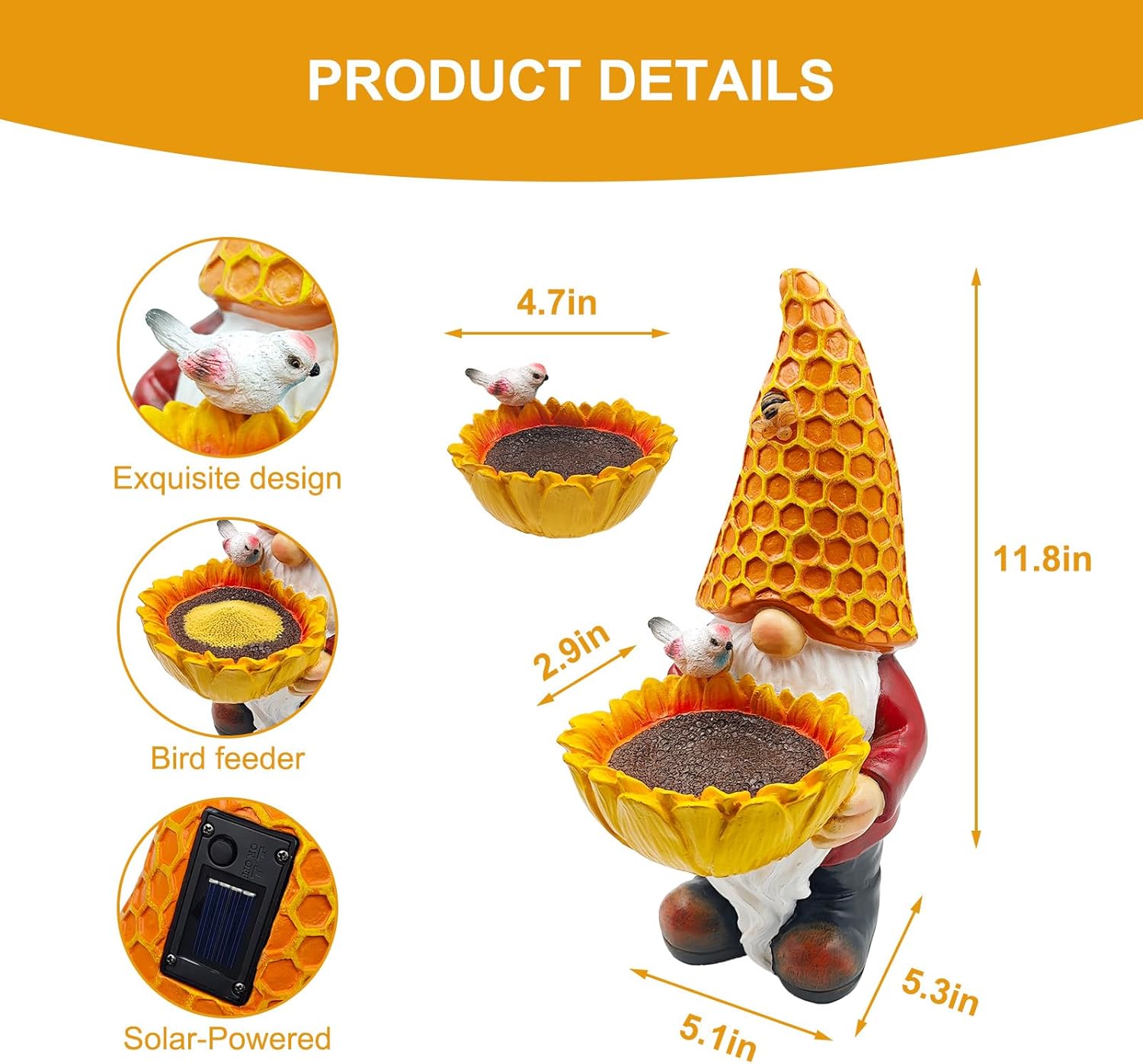 Solar Garden Gnome with LED Lights & Bird Feeder - Sunflower Gnome Statue for Outdoor Decor, Yard, Patio, Lawn - Gift for Mom, Grandma, Housewarming, Garden Lovers