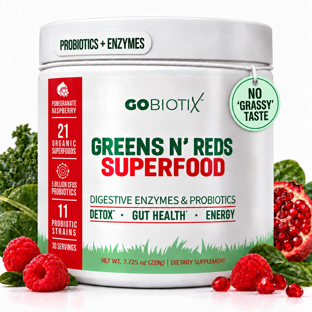 GOBIOTIX Super Greens Powder with Beet Root, Spirulina, Moringa &amp; Chlorella – Probiotics, Enzymes &amp; 21 Superfoods – Zero Sugar, Vegan, Non-GMO – 30 Servings (Pomegranate Raspberry)