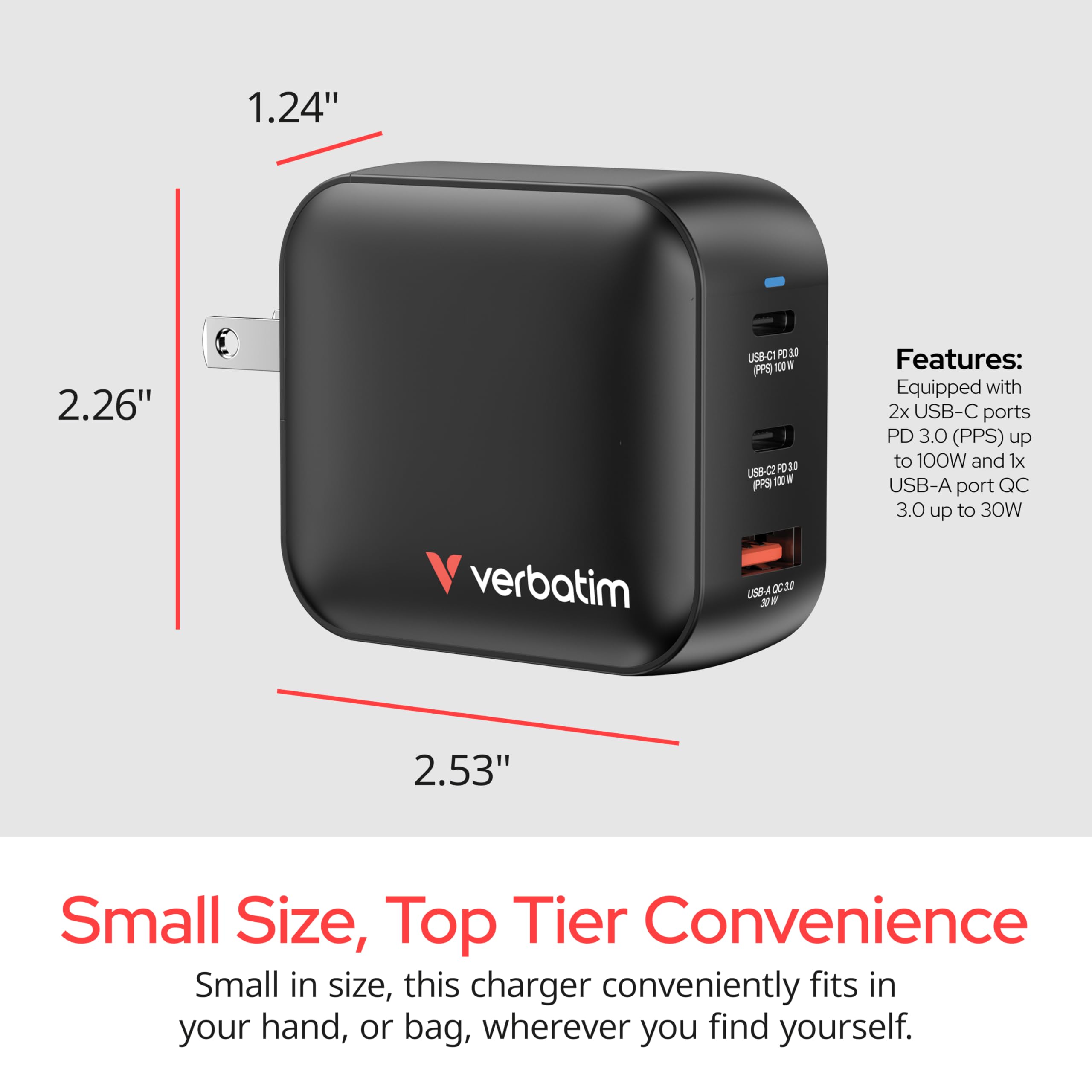 Verbatim Mini GaN Charger ładowarka 100 W, 3 porty USB-C ładowarka, adapter 2 x USB-C i 1 x USB-A, szybka ładowarka z wieloma wtyczkami, Apple MacBook, notebook, iPad, iPhone, Samsung i Co, do UE, UK,