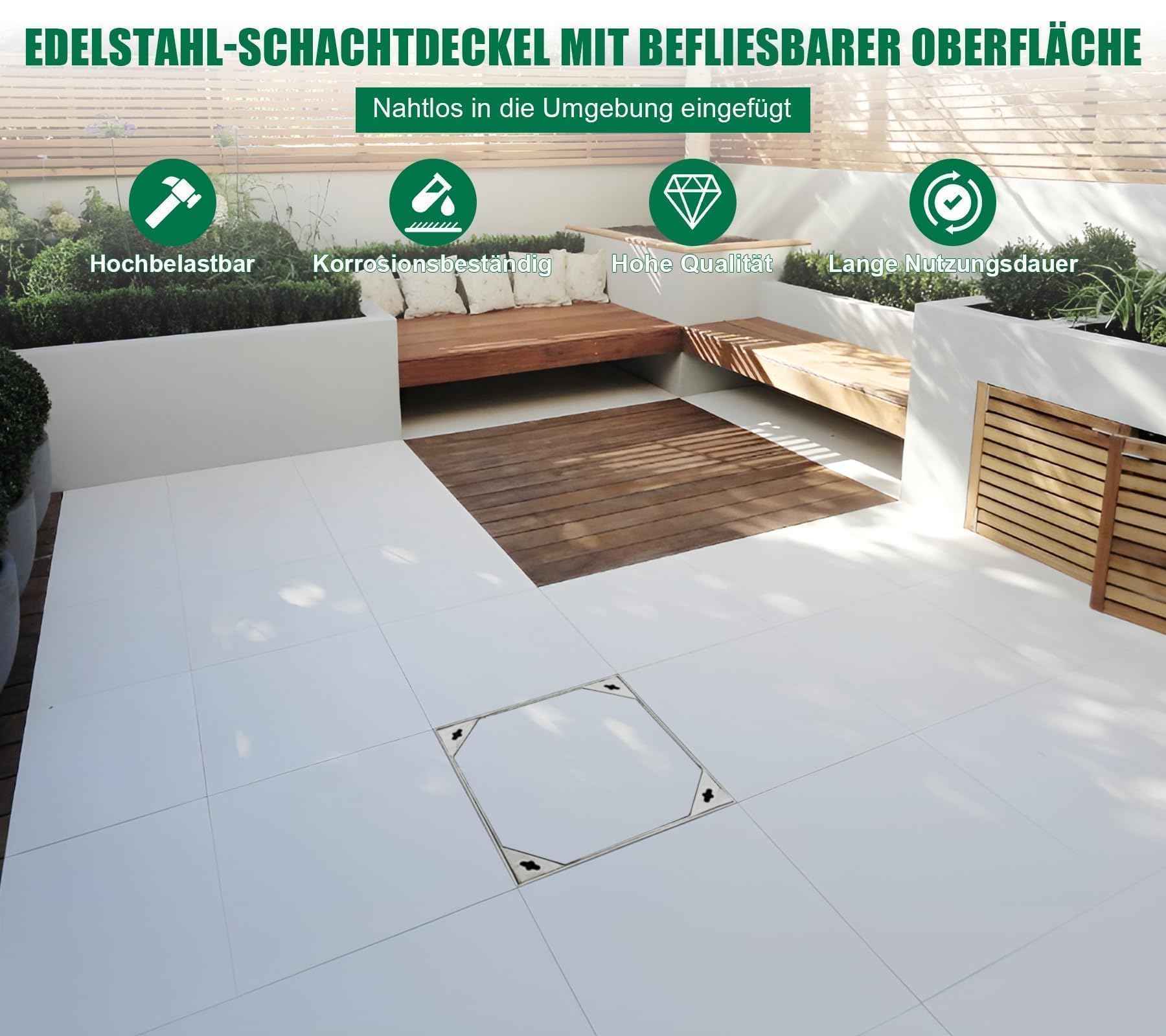 Schachtabdeckung Edelstahl V2A Außenmaß 600 x 600 x 60 mm Schachtdeckel mit Rahmen Auspflasterbar Befliesbar Kanaldeckel für Innen-/Außenbereich Flächenbündig Robust Rostfrei EN 124 A15