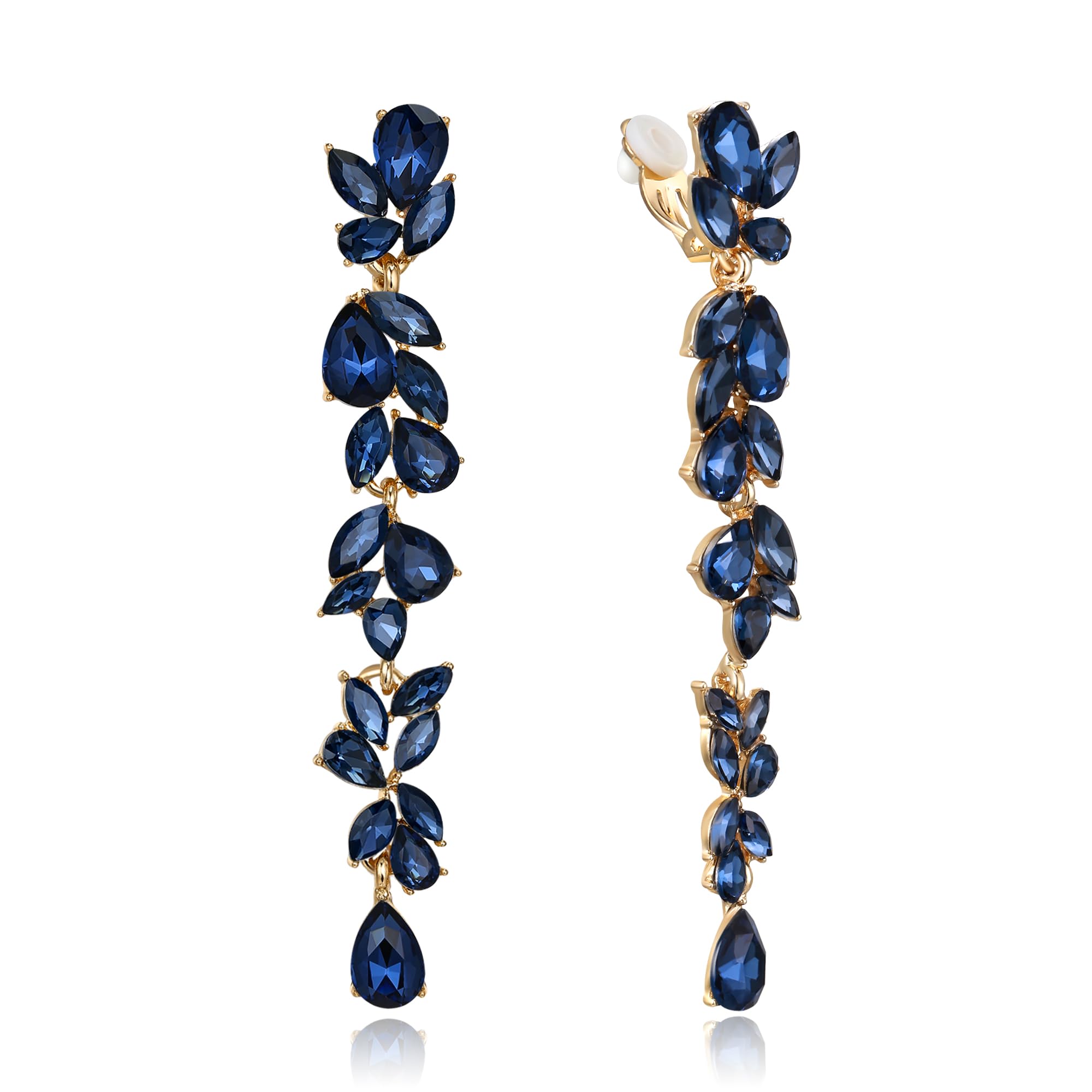 Crysdue Clip On Earrings for Women Rhinestone Crystal Teardrop Cluster Wedding Bridal Non Pierced Long Dangle Earrings for Prom Party