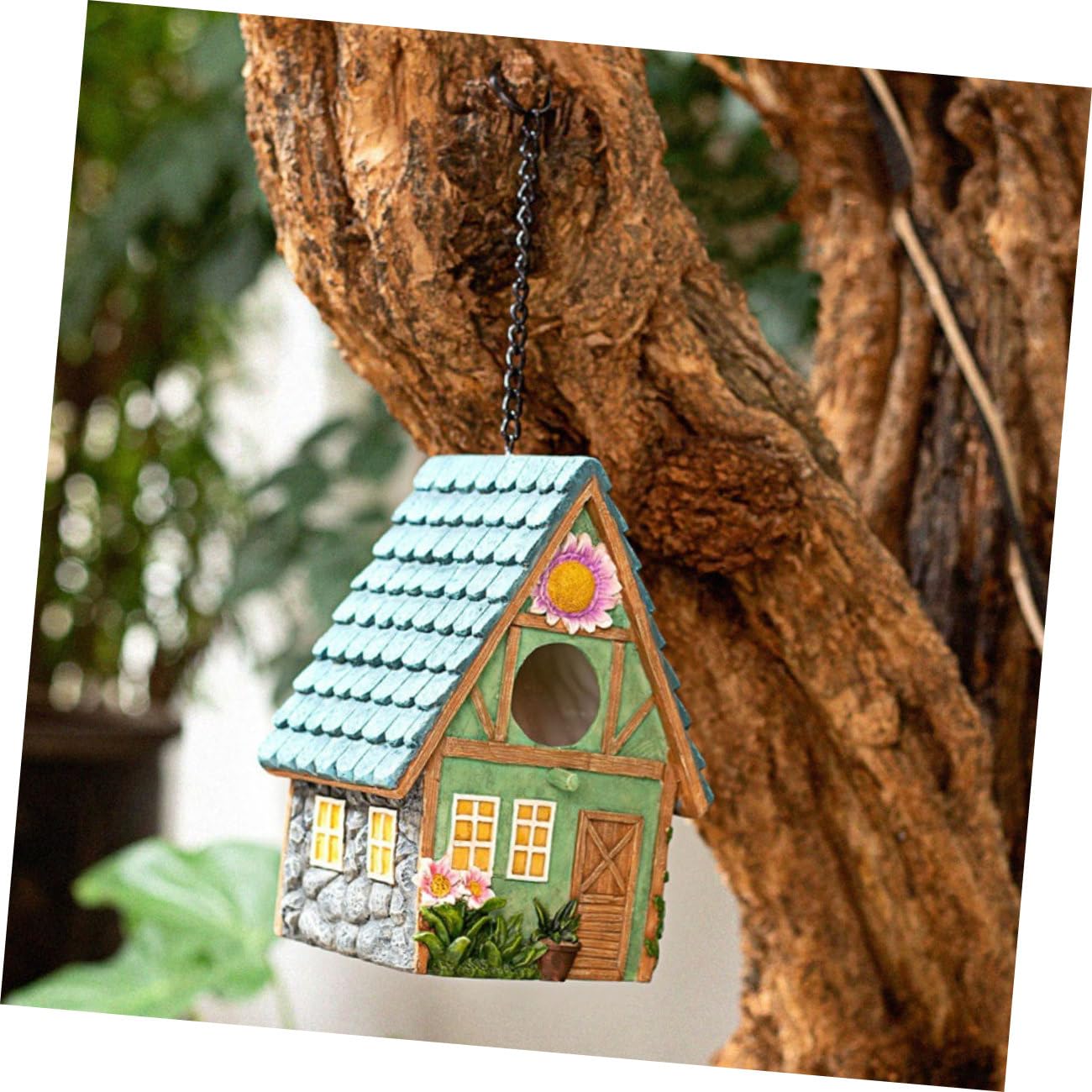 Casita para Pájaros de Resina, Colgante, Artesanal, Jardín | Refugio de Aves, Acabado Rústico y Sencillo, Aspecto Cercano Naturaleza, Fácil de Colgar