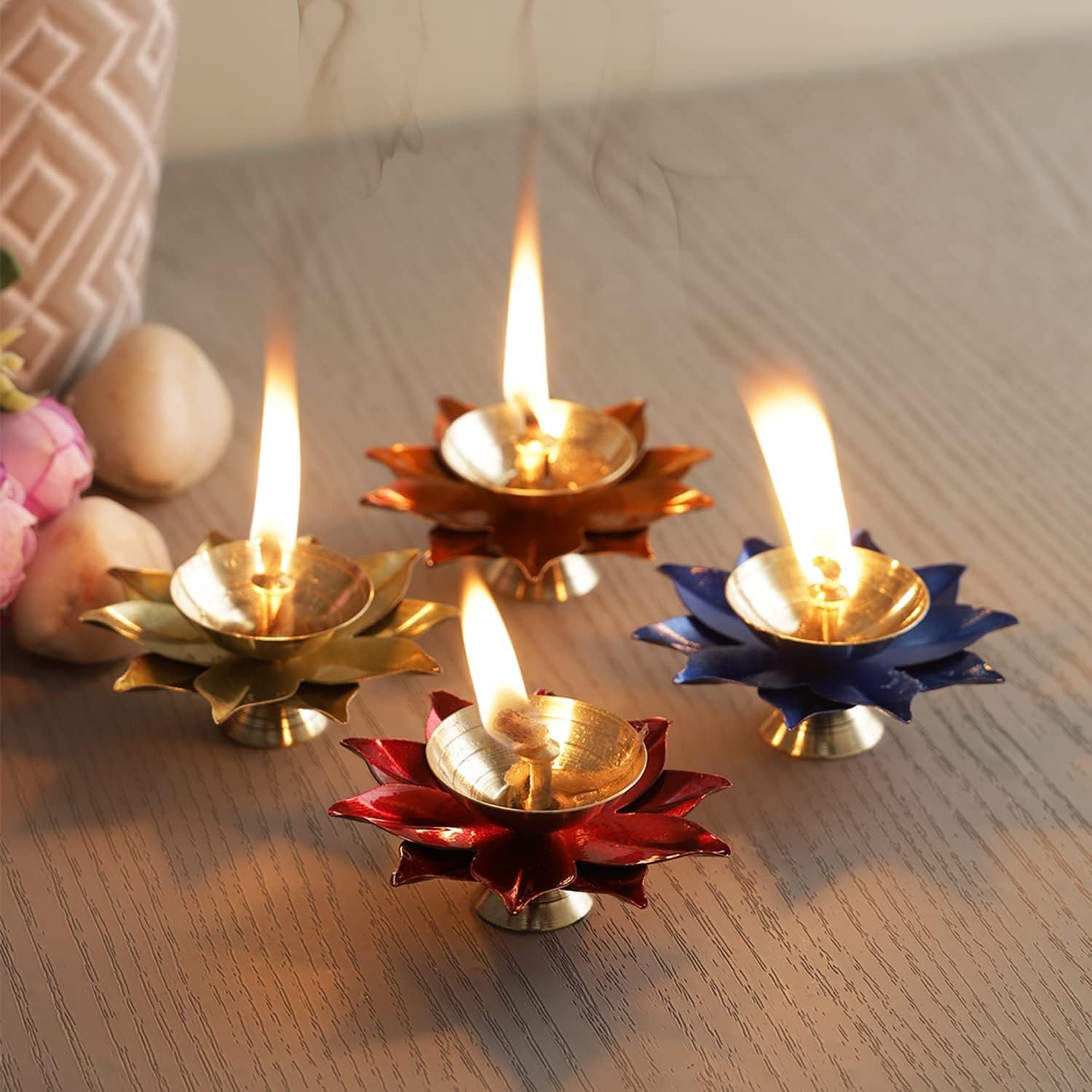 Brass Diya Deepak Oil Lamp Puja Diwali urli Bowl Pooja Temple ( Set of 4 , Assorted Colors)