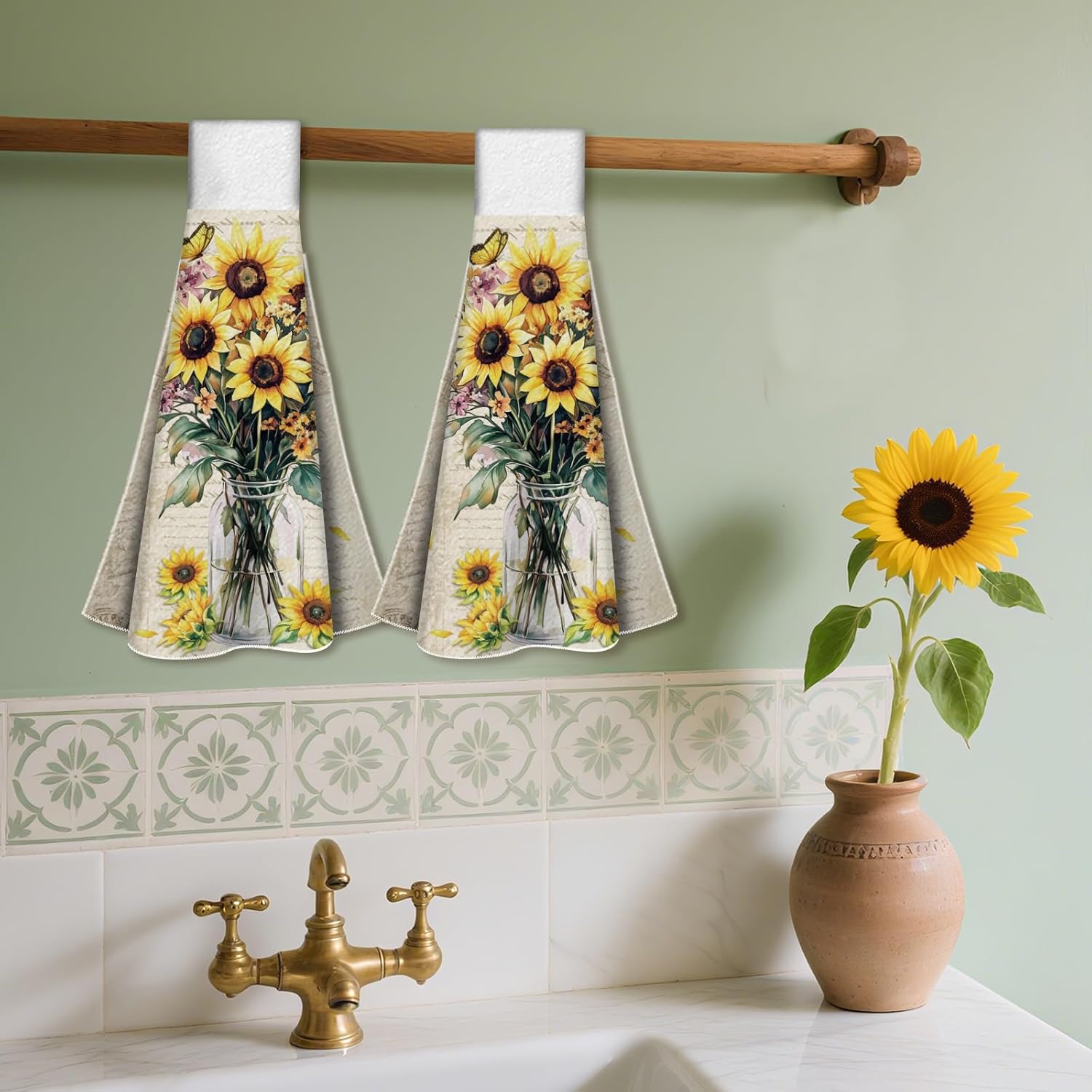 CUTHOLLOW Sunflower and Vase Hanging Kitchen Towels with Loop, Set of 2 - Soft & Super Absorbent Microfiber Decorative Hanging Dish & Hand Towel, Tea, Coffee Towel for Kitchen Bathroom Oven Handle - Image 7