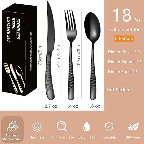 Miniatura 2 de Juego de cubiertos martillados negros para 6 cubiertos de acero inoxidable a prueba de óxido, 18 piezas, tenedores y cucharas, utensilios de cocina