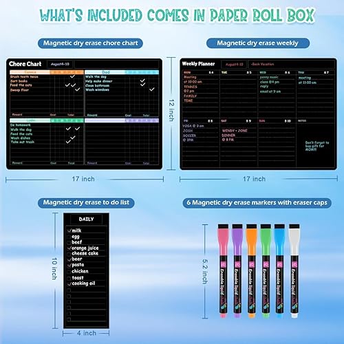 Miniatura 2 de Fridge Black Whiteboard Calendar Set(3-Pack),1 Pcs Magnetic Chore Chart and 1 Pcs Refrigerator Weekly Planner,1 Pcs List and 6 Markers,Reward Chore