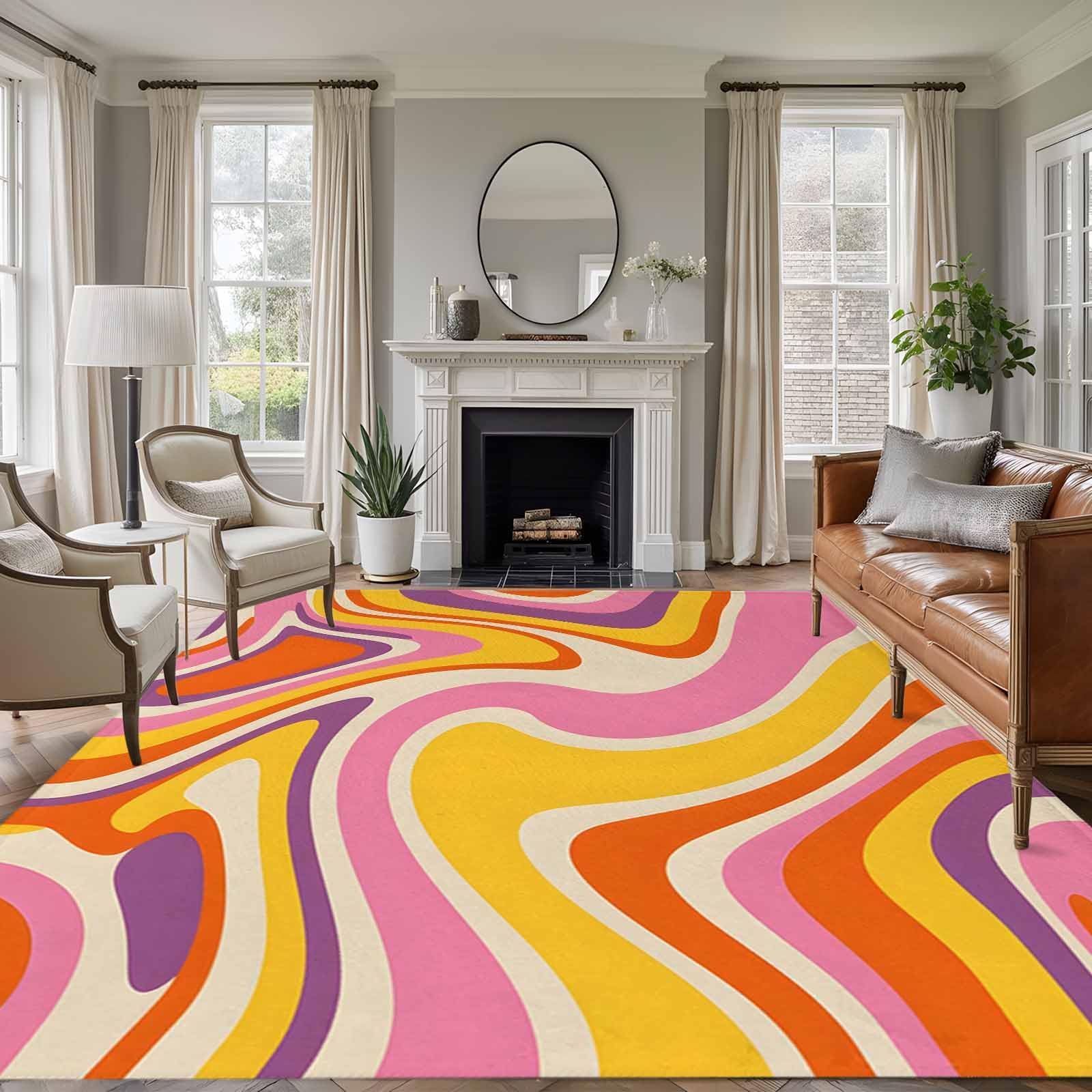 Rectangle Area Rug 5x8ft, Modern Abstract Psychedelic Aesthetic Non Slip Floor Mat, Groovy Geometric Art Swirling Non Shedding Washable Floor Carpets for Living Room Bedroom Home Decor