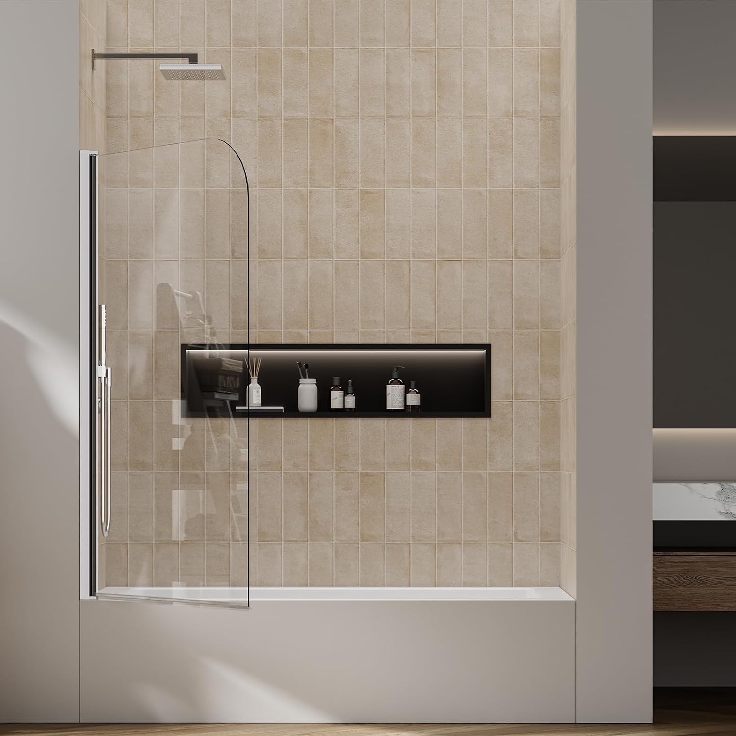 34" W x 59" H Tub Shower Door Foldable Hinged Bathtub Glass Door Screen with Tempered Coating Pivot Glass Panel, Radius Frameless Tub Panel (Chrome)