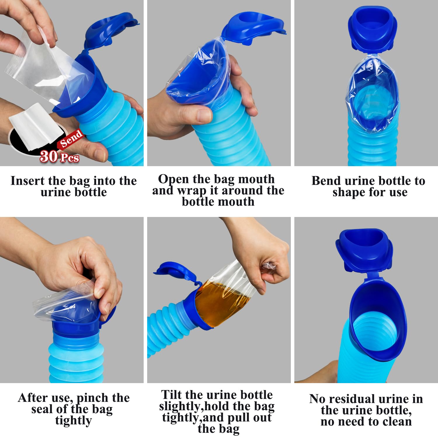 Botellas para orina para hombres, botella plegable con bolsas desechables, orinal de emergencia portátil para hombres y mujeres, 750 ml, a prueba de fugas, juego de 2 botellas para orina adecuadas