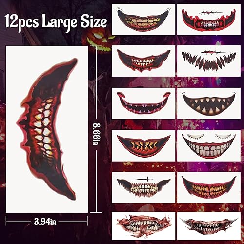 Miniatura 4 de 20 piezas de tatuaje temporal de boca grande aterradora, calcomanías realistas de Halloween 2023, varios tamaños de payaso para adultos y niños,