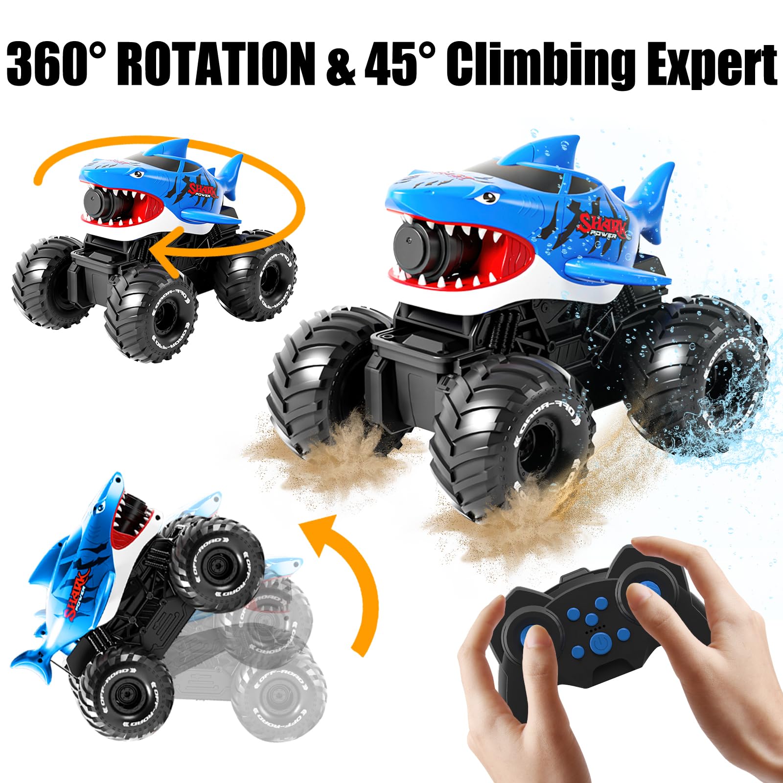 HUAJUN Amphibious Remote Control Car with Water Gun, 4WD 360°Rotation 2.4GHz Waterproof, All-Terrain Stunt Car, Shark Shape - Image 3
