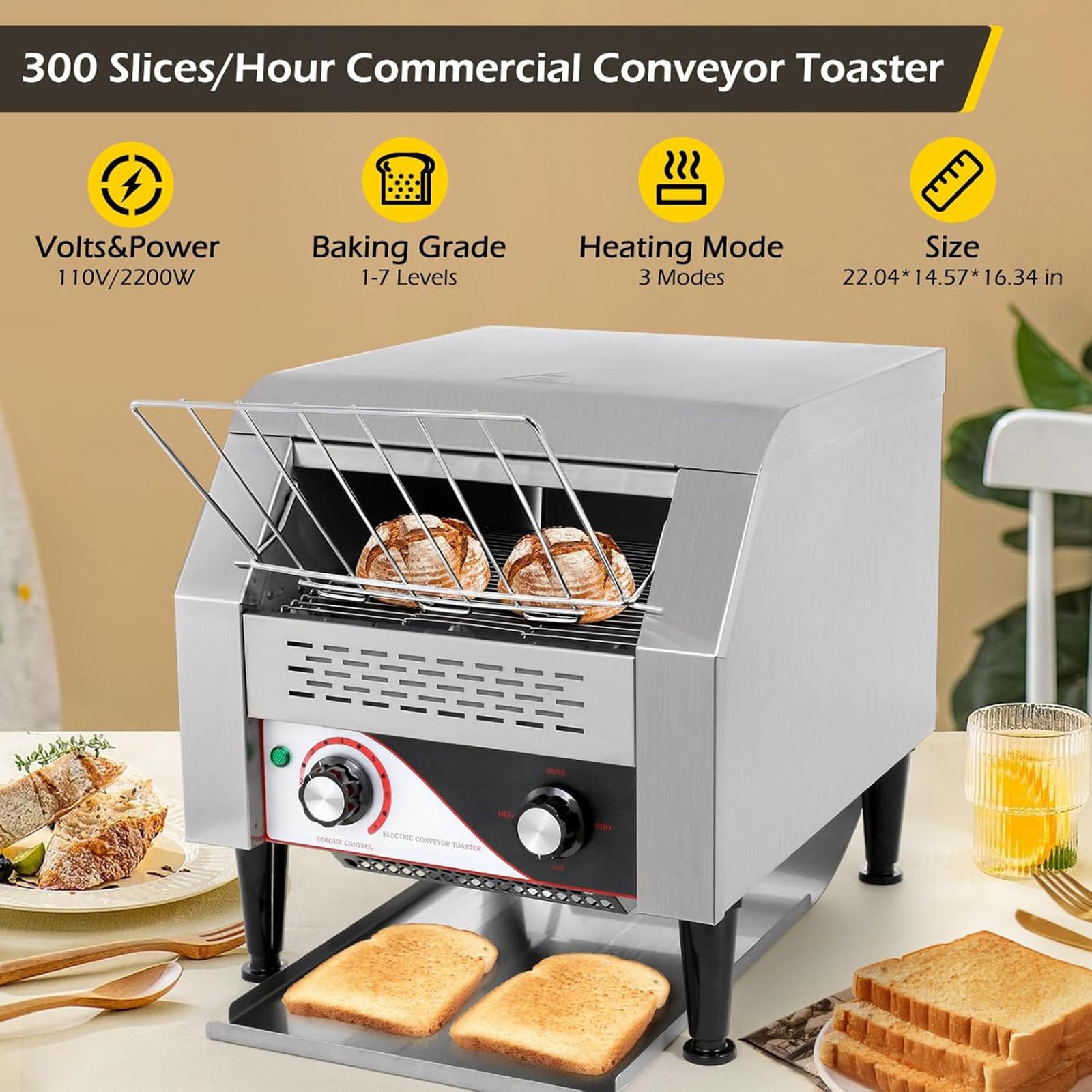 Tostadora de Cinta Industrial (Potencia: 2.600 W, Velocidades: 7, Espera, panecillos, Pan, hasta 300/450 rebanadas de Pan Tostado por Hora),300PCS/Hour