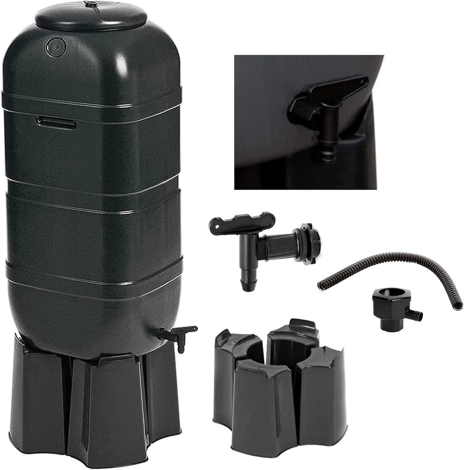Black Outdoor Slim Line 100 Litre Space Saver Rain Collector Water Butt Kit Complete With Stand, Lid & Diverter