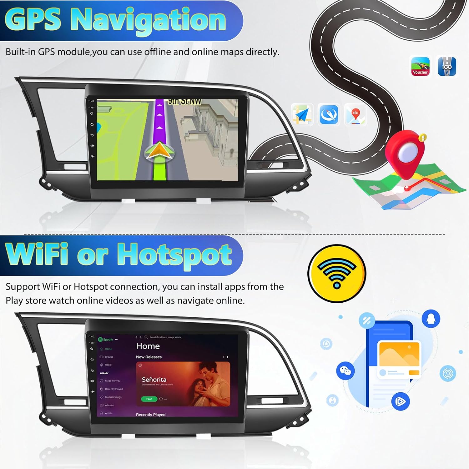 [2+64G] Android 13 Car Stereo for Hyundai Elantra 2016-2018 with Wireless Carplay&Android Auto,9 Inch Touch Screen Car Radio with GPS WiFi Bluetooth FM/RDS Radio SWC AUX-in+AHD Backup Camera