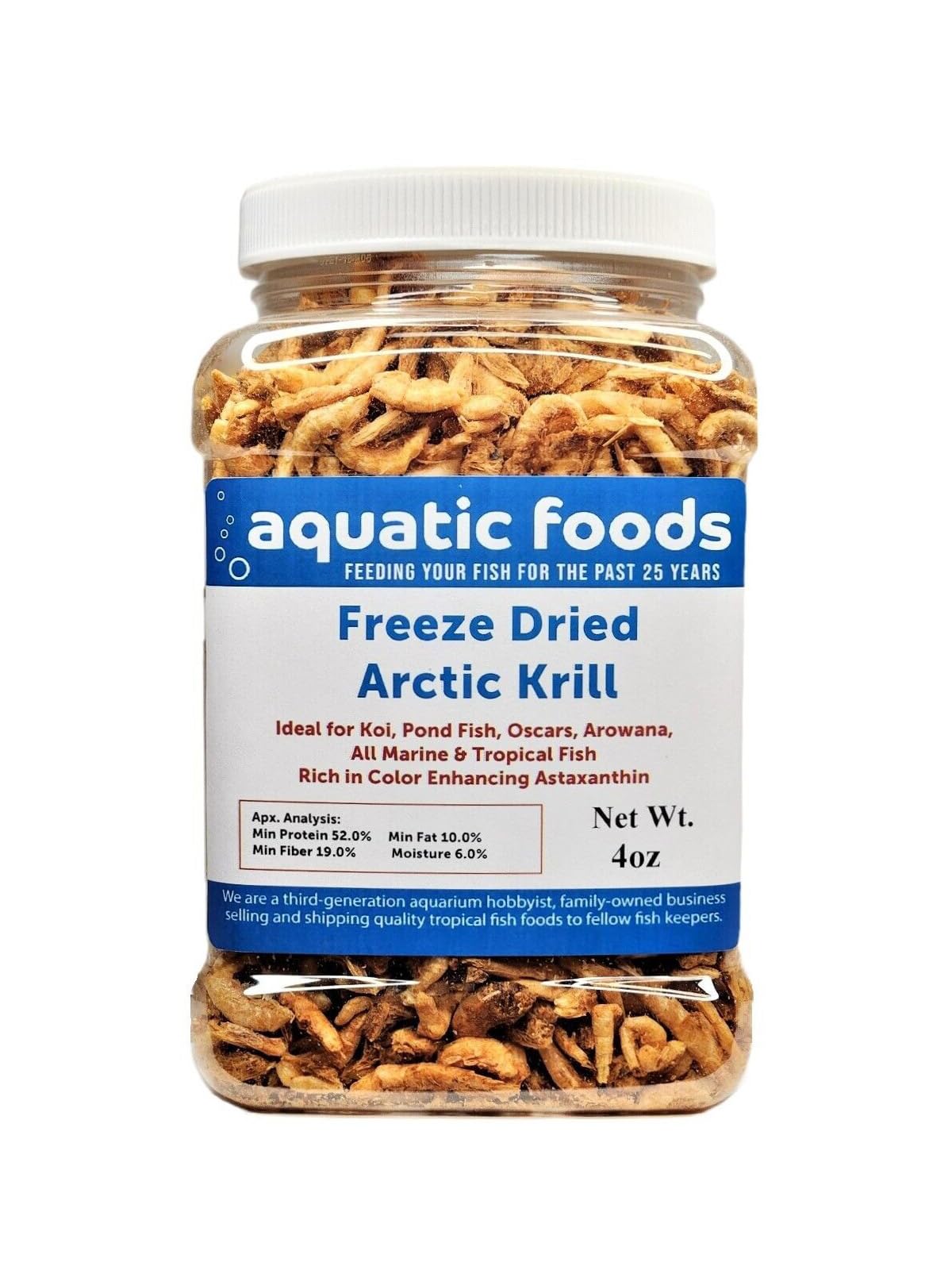 Aquatic Foods Inc. Artic Krill- Freeze Dried Krill for Oscars, Arowana, Lg Cichlids, Monster Fish, Marines, Koi, Land & Aquatic Turtles, Even Cats. Contains Color Enhancing Astaxanthin - 4oz Jar