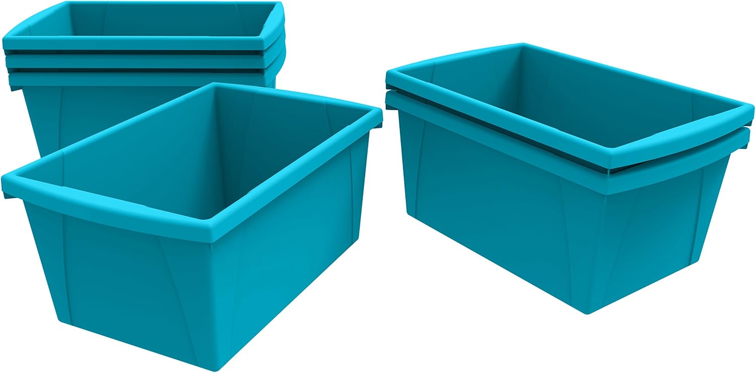 Storex 5.5 Gallon Storage Bin – Plastic Classroom Organizer for Books and Supplies, Teal, 6-Pack (61478U06C)
