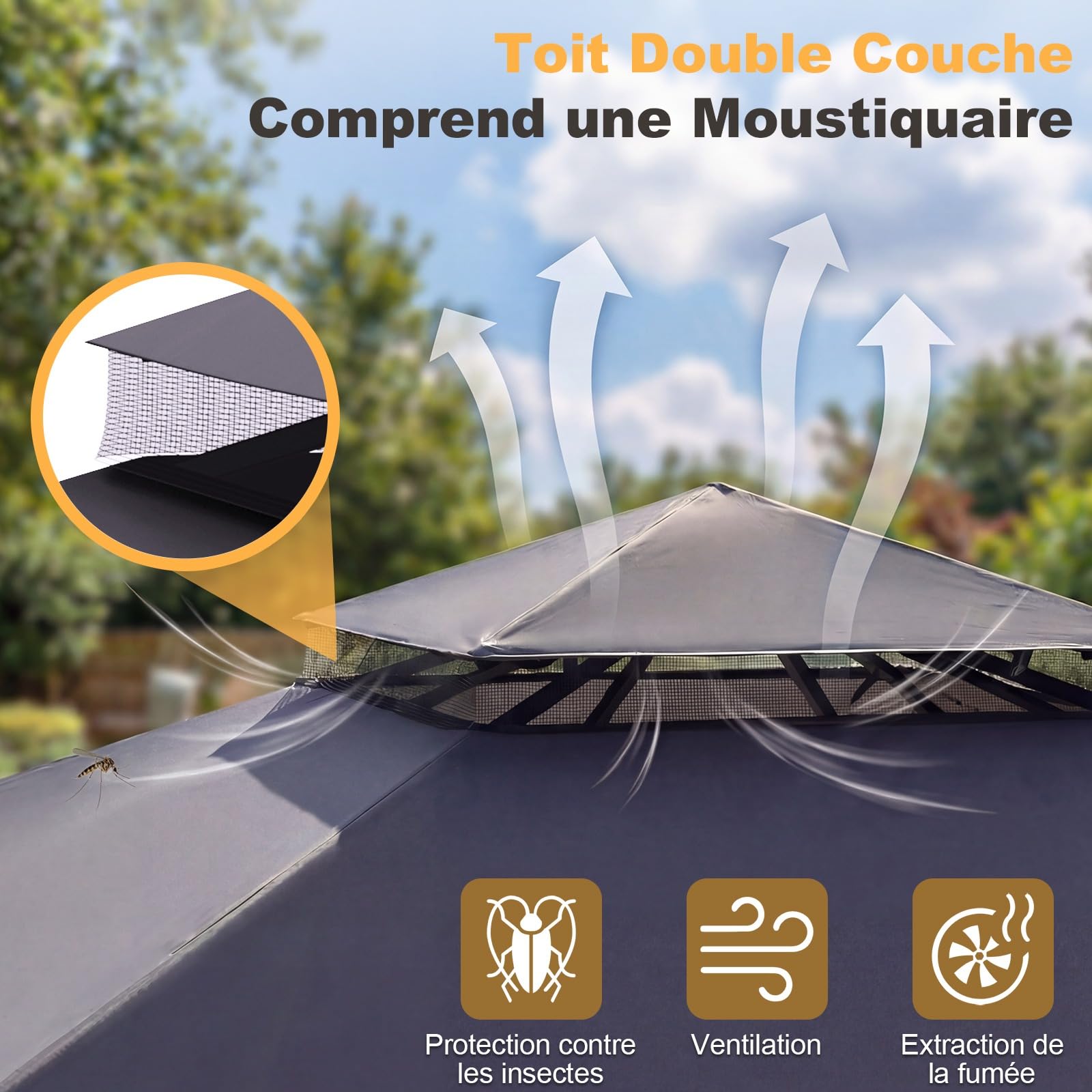 Devoko Tonnelle de Jardin Exterieur 3x3 m avec Auvent Latéral, Tonnelle Imperméable Stable, Protection UV 50+, Pergola Jardin Exterieur Extensible à 3x4.7m pour Cour, Terrasse, BBQ Fêtes, Gris