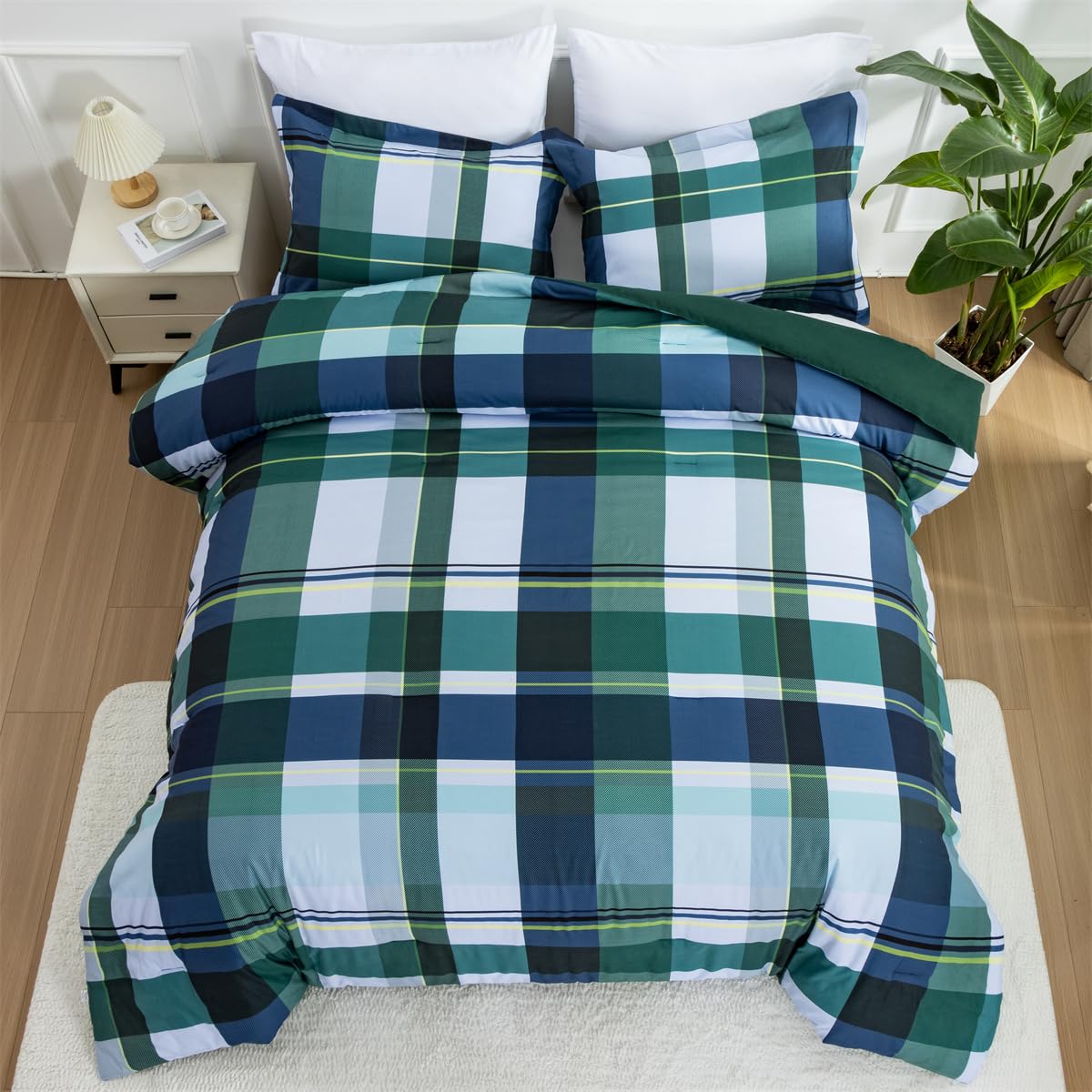 Holawakaka Buffalo Plaid Comforter Set Twin Size, Farmhouse Geometric Grid Bedding Sets, Green Casual Rustic Cabin Lodge Microfiber 3 Pieces Bed Sets for All Seasons