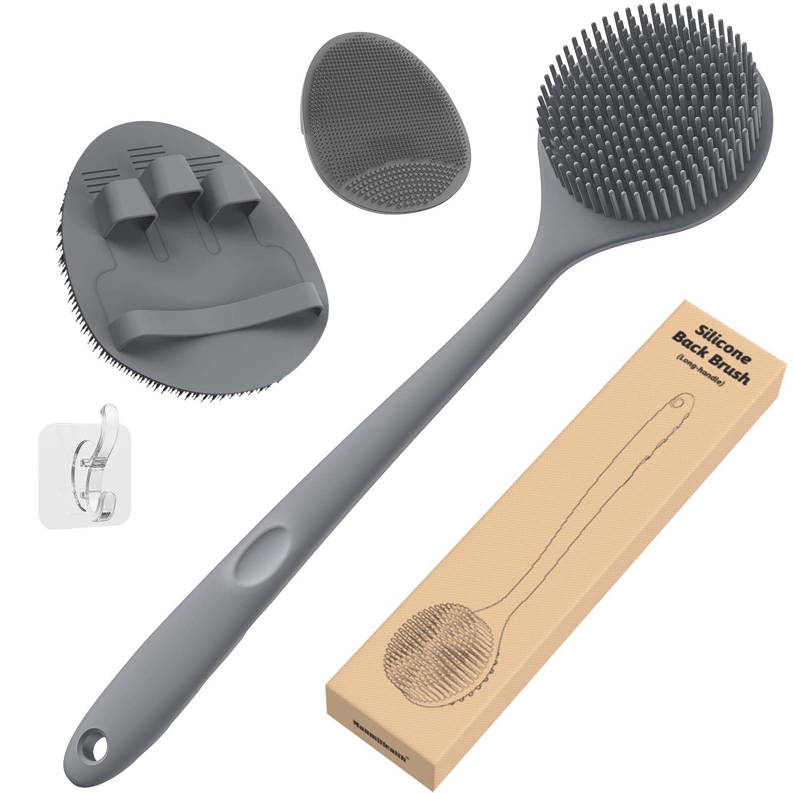 Manmihealth Set di spazzole per la schiena in silicone (setole sottili) e morbido guanto da bagno per il viso, scrub super esfoliante per il corpo e spazzola da doccia super schiuma per il viso, con