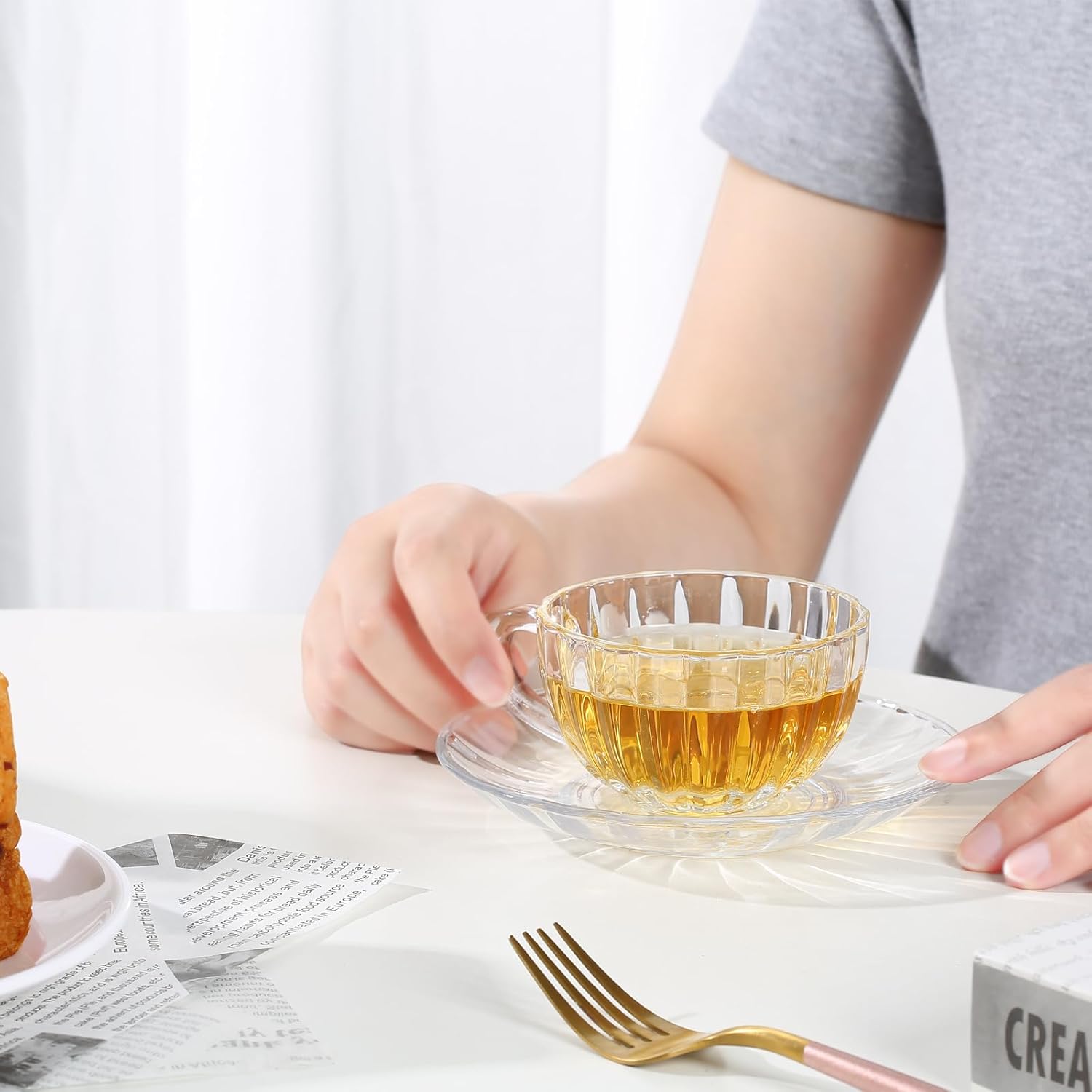 Glass Tea Cups and Saucers Set of 6, Clear Coffee Mugs with Stainless Steel Spoon, Dishwasher & Microwave Safe Teacups for Espresso Cappuccino Latte Tea Juice, 6OZ/180ML