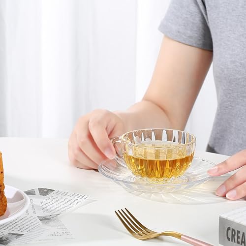 Miniatura 4 de Juego de 6 tazas de té y platillos de vidrio, tazas de café transparentes con cuchara de acero inoxidable, tazas de té aptas para lavavajillas y