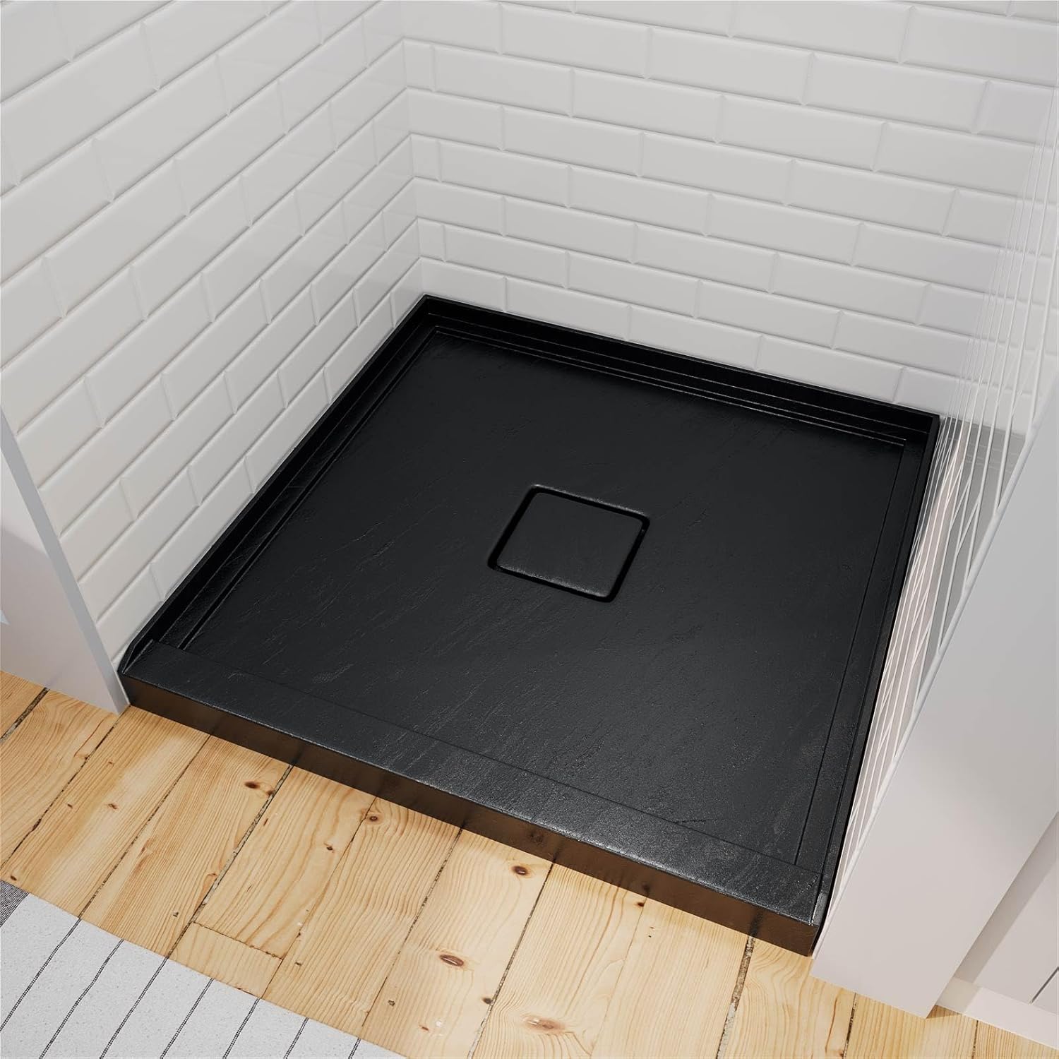 36"L x 36"W x 4"H Square Center Drain Shower Pan, Acrylic Anti-Slip Rock Texture Shower Base for Bathroom, Matte Black