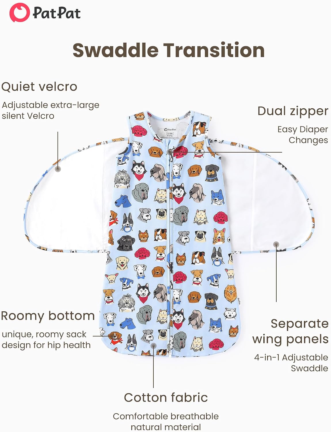 PATPAT Cotton Swaddle for Newborns, Soft Baby Wearable Blanket, Quiet Hook & Loop Closure, Easy Transition Design, 2-Way Zipper for Easy Diaper Changes, 0.5 TOG, Puppy Print, 3-6 Months