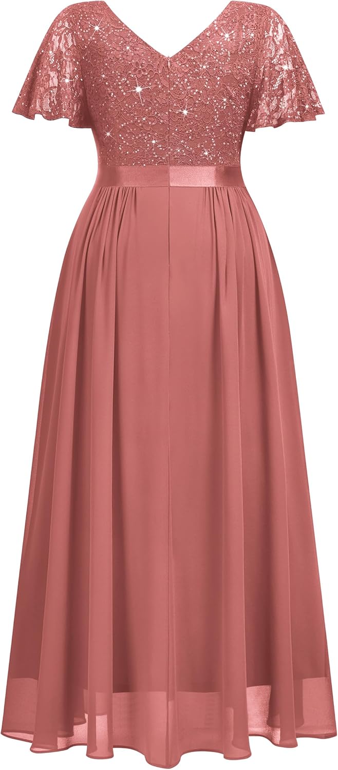 MISSMAY Women's Plus Size Wrap V Neck Sequins Lace Contrast Chiffon Formal Maxi Dress with Rhinestone Ribbon Waist - Image 6