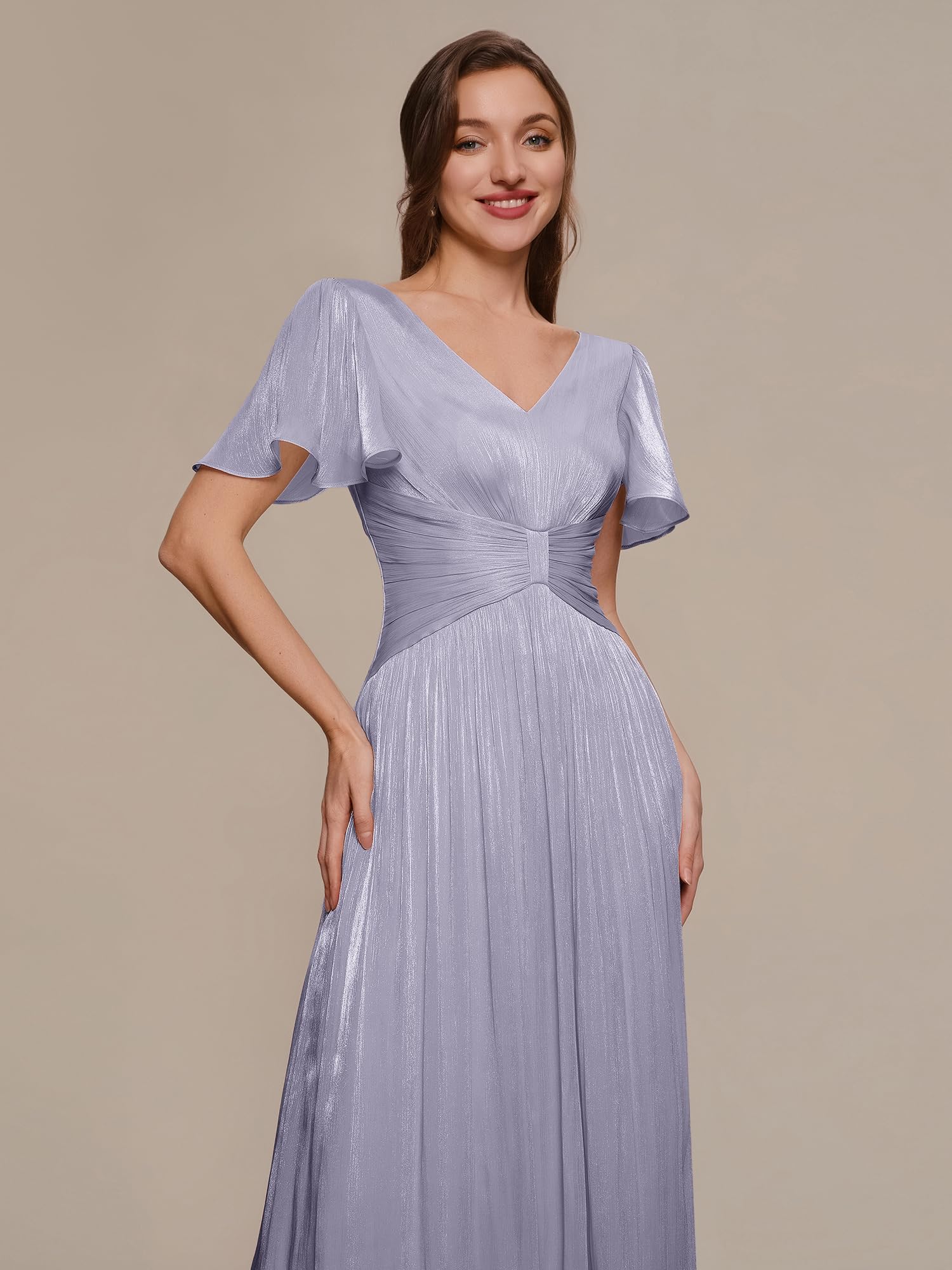 Ever-Pretty Robes d'Invité de Mariage Col en V Manches Courtes Soie de l'île Midi EG02770