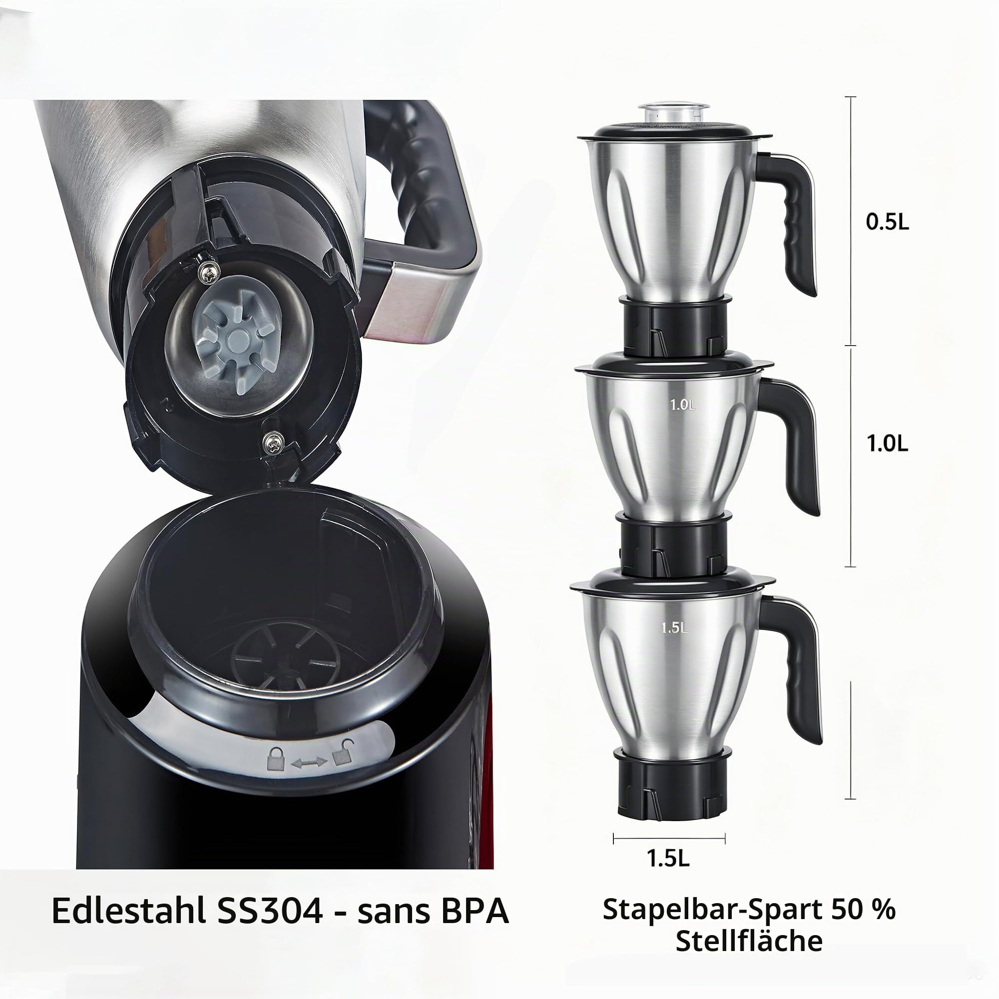 Mixeur Blender 3-en-1 Acier Inoxydable avec 3 Bols, Moteur 700 W Puissant - Silencieux (<60 dB) pour Smoothies, Chutneys, Poudres Sèches