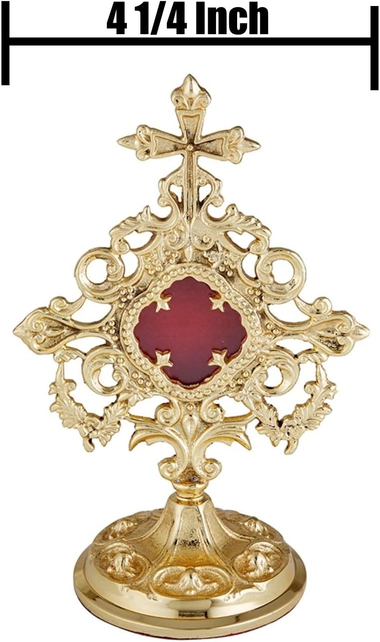 Christian Brands Sudbury Brass High Polished Church Reliquary, Gold Tone Ornate Tabletop Relic Display with Classic Old World Cathedral Architectural Design Details, 9.25 Inches