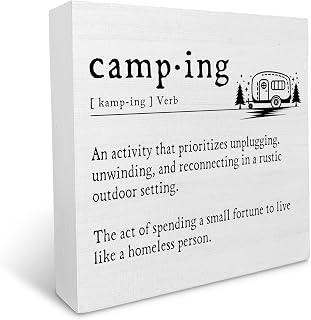 Ku-Dayi Camper Decor for Inside, Funny Camping Definition Wooden Box Sign, Camping Signs Wood Box Decorations for Camper RV Trailer, Camping Wooden Block Plaque Desk Shelf Decor 5x5 Inch