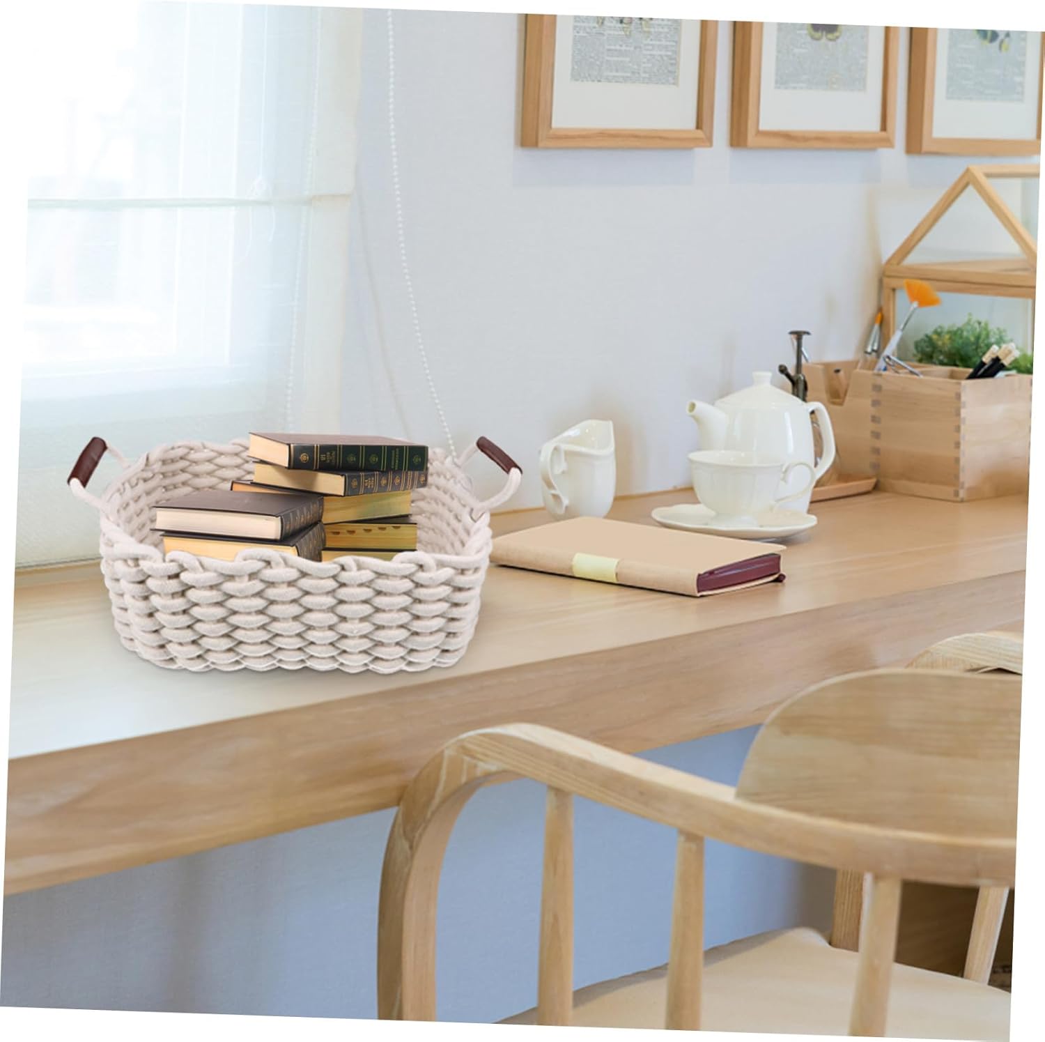 Woven Storage Baskets Set of 3, Thick Cotton Rope Organizer Bins, White Sundry Containers for Home Storage and Snack Organization