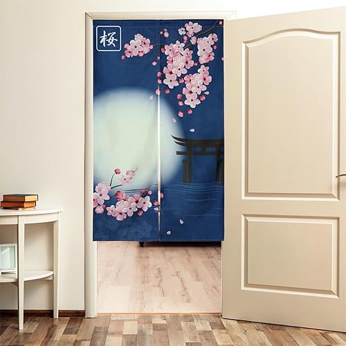 Miniatura 3 de Cortina japonesa Noren para puerta con estampado de flores de cerezo a la luz de la luna, tapiz de lino de algodón, divisor de habitación, azul