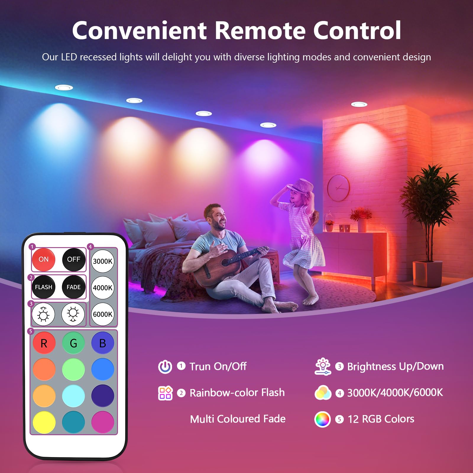 GeyouLux Faretti da Incasso LED Dimmerabili RGB, Faretti a 230V 68mm in Alluminio, IP44 5W 3CCT Plafoniere Orientabili a 38°+ 45°, Faretti da Incasso Bianchi con Telecomando IR per Bagno, 6 Pezzi
