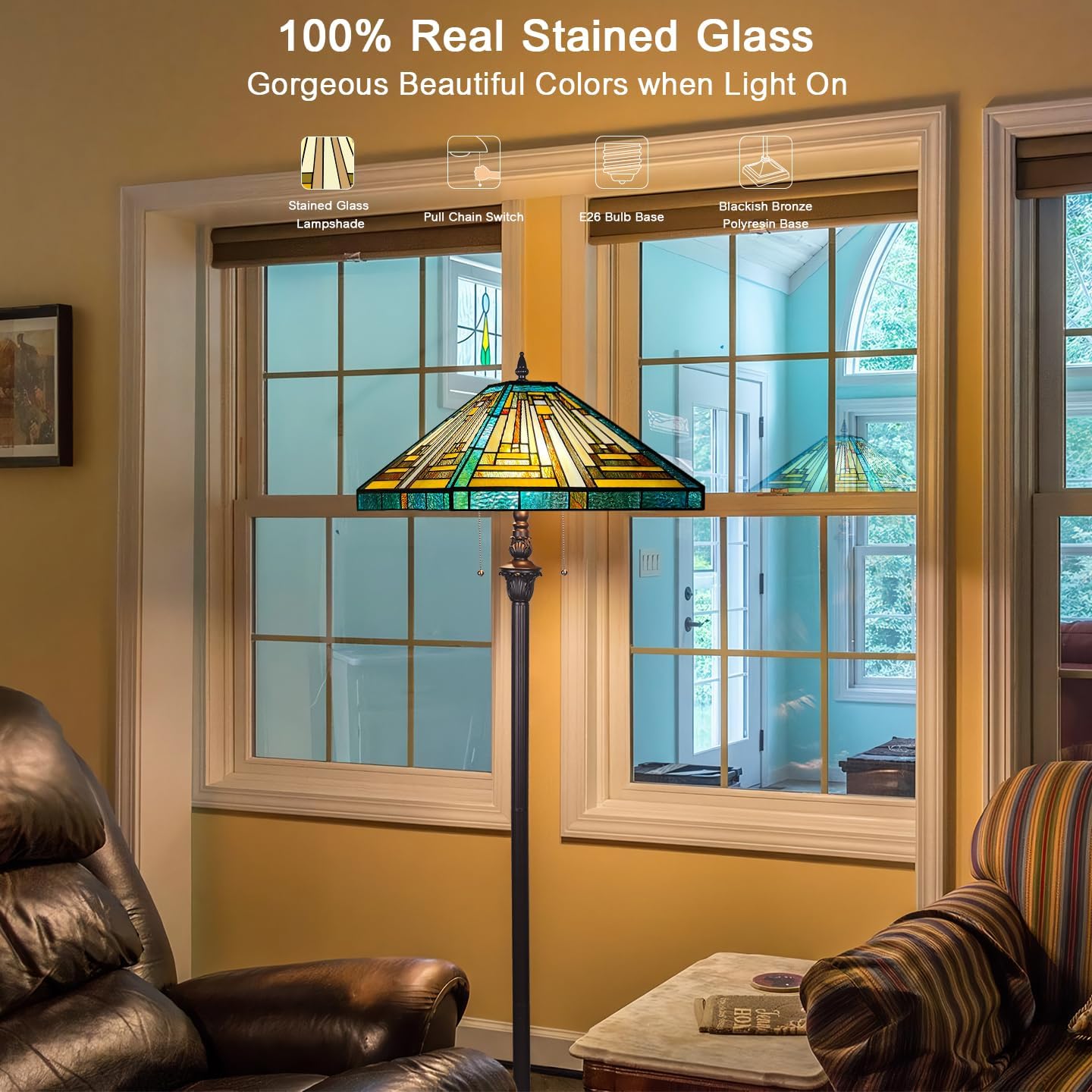 Capulina Tiffany Lamp Stained Glass Floor Lamp 2-Light 16X16X63 Inches Amber Green Mission Antique Tiffany Style Standing Reading Lamp for Living Room Bedroom Home Office