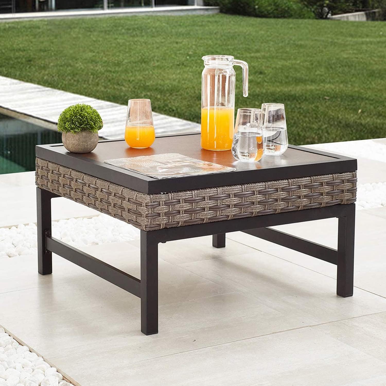 LOKATSE HOME Patio Coffee Side Table Bistro Outdoor Square Furniture with Metal Steel Wicker Frame, Brown : Patio, Lawn & Garden