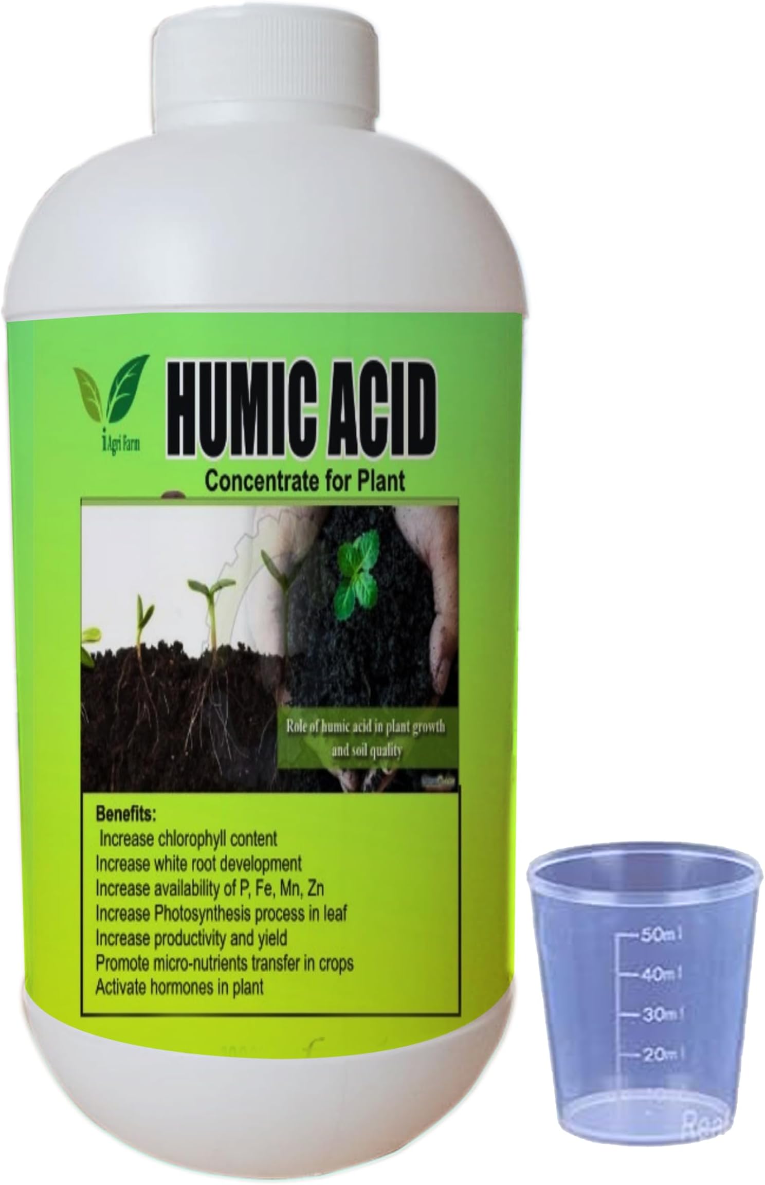 Iagrifarm Humic Acid Liquid Growth Promoter - 1 Liter - with Measuring Cup 50 Ml - Root Growth Promoter for All Crops