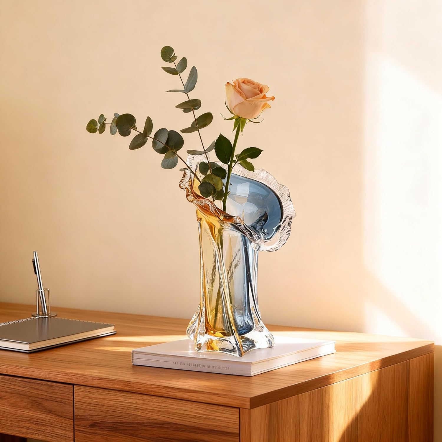 Turquoise Glass Hand Blown Vase, Teal Blue Gradient Modern Art Vase, Decorative Centerpiece for Home Decor,Blown Glass Centerpiece, Wide Mouth Floral Arrangement, Elegant Art Decor (S) - Image 6