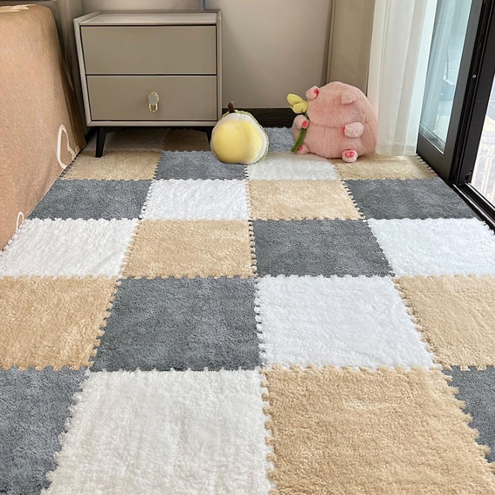 12pcs Carpet Squares Puzzle Floor Mat, Plush Interlocking Carpet Tiles, Anti Slip EVA Foam Jigsaw Floor Tiles, Build A Safe Area for Bedroom Playroom (White+Beige+Grey) — image 1