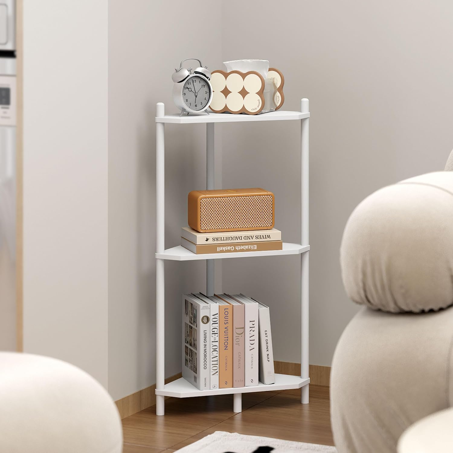 Corner Shelf Stand - 3 Tier Bamboo Small Corner Bookshelf for Office Kitchen Bedroom Plant Stand Living Room Decor Small Space (White，3 Tier)