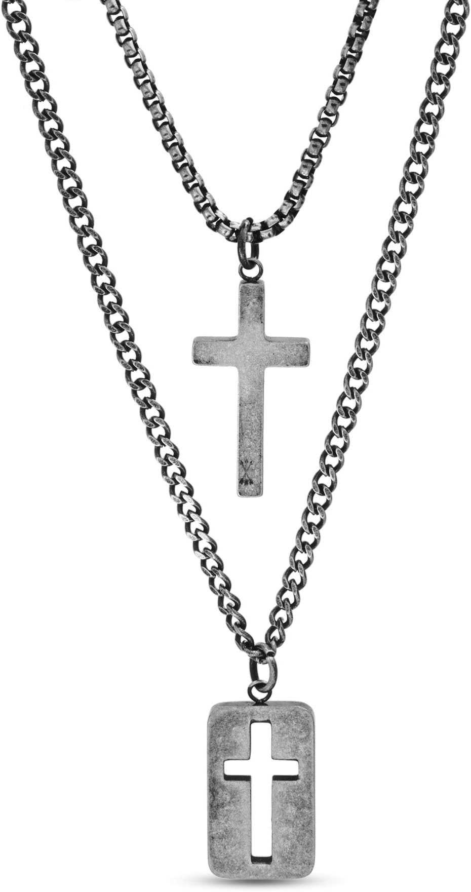 Steve Madden 28" Oxidized Stainless Steel Box and Curb Chain Cross Pendant and Dogtag Duo Necklace Set For Men