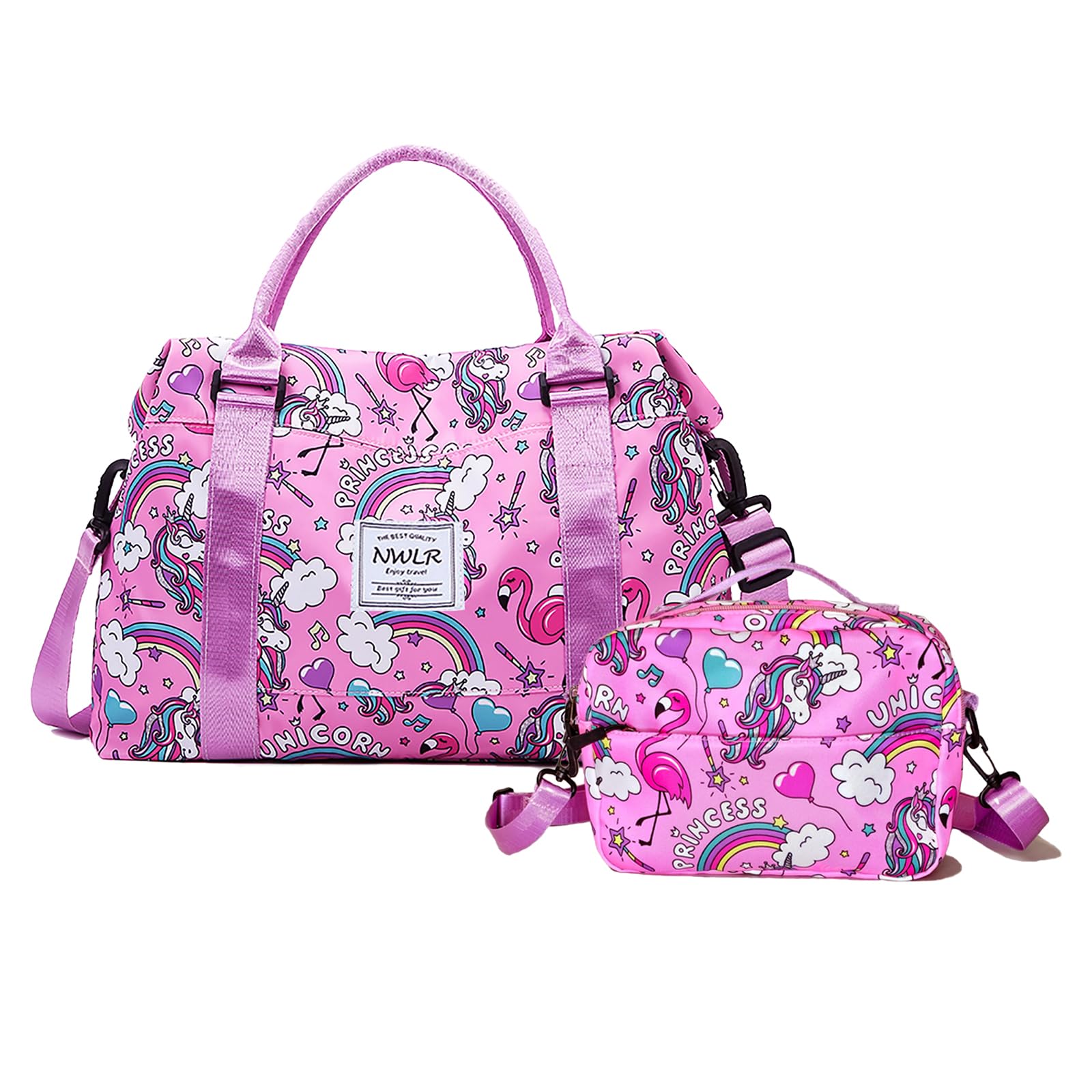 Travel Duffle Bag Weekender Overnight Bag Gym Tote with Dry and Wet Separated Pocket for Women Girls Shoulder Workout Duffel Bag Water Resistant, W-Rainbow Unicorn+Toiletry Bag, Trolley Sleeve Bag