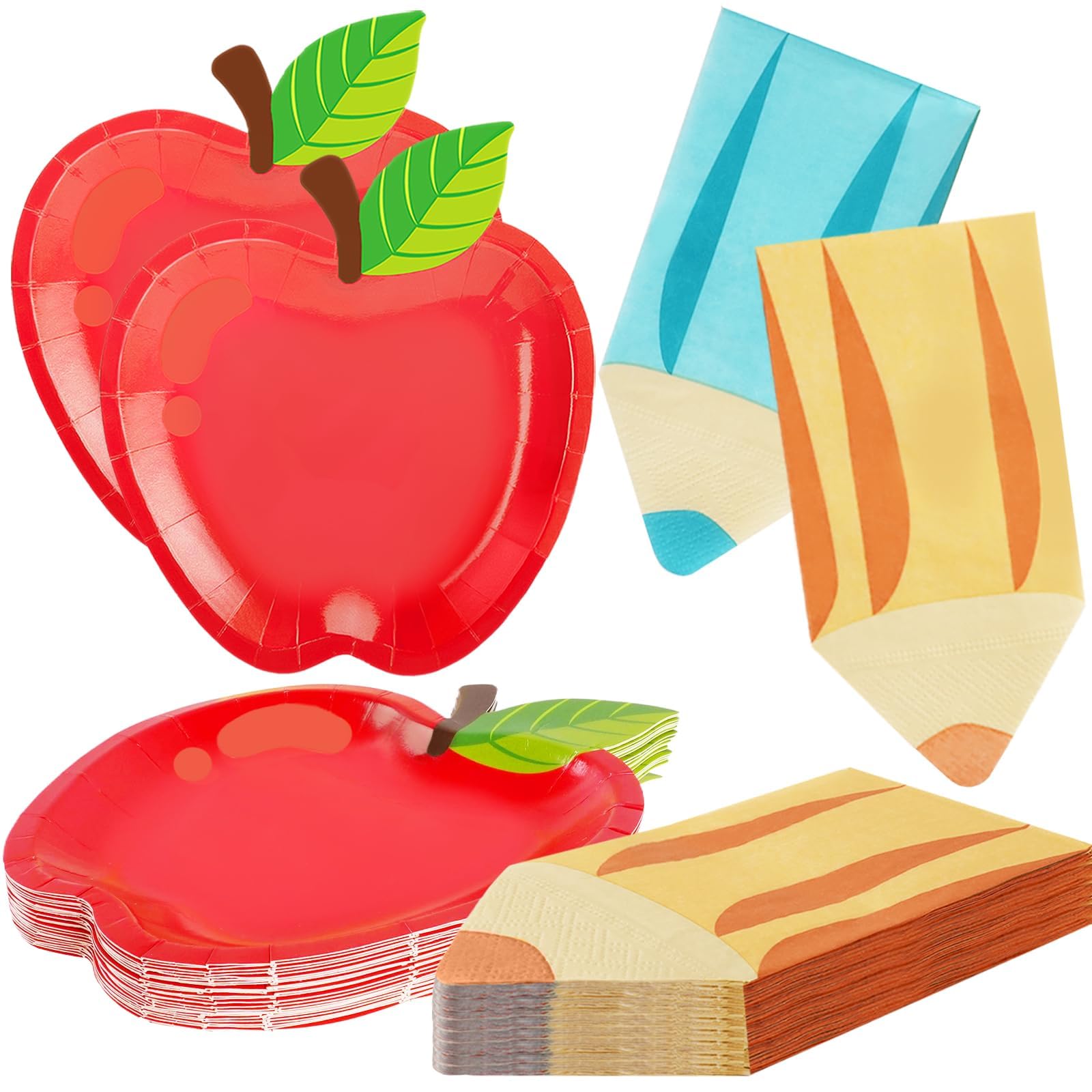 OuMuaMua 100Pcs Back to School Red Apple Paper Plates and Pencil Napkins First Day of School Party Supplies Disposable Tableware Set for Graduation