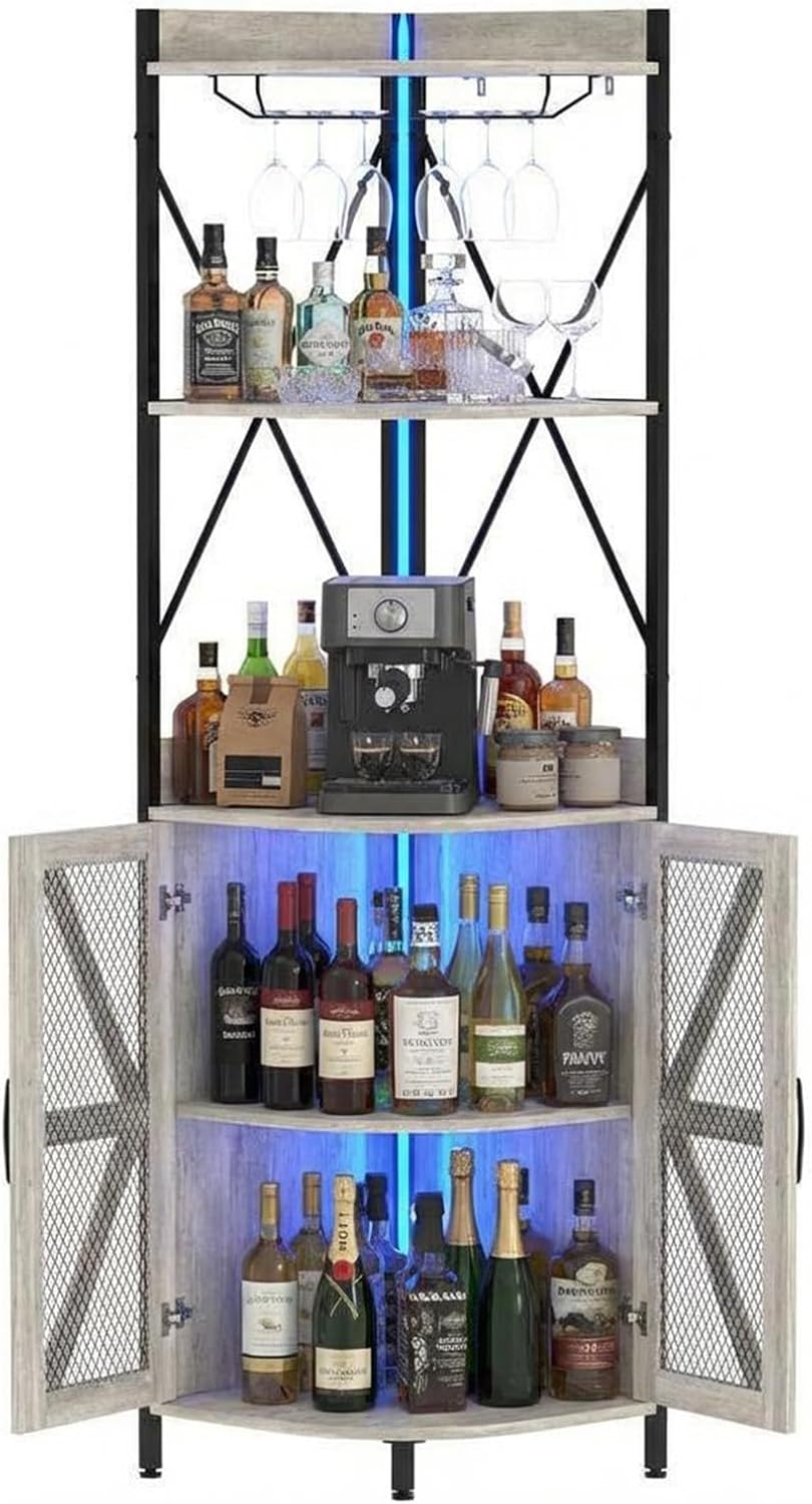 Industrial 4-Tier Collapsible Wine Rack & Bar Cabinet – LED Lights, Power Outlet, Metal & MDF Freestanding Storage – Space-Saving Shelf for Dining Room, Kitchen, Apartment – Grey