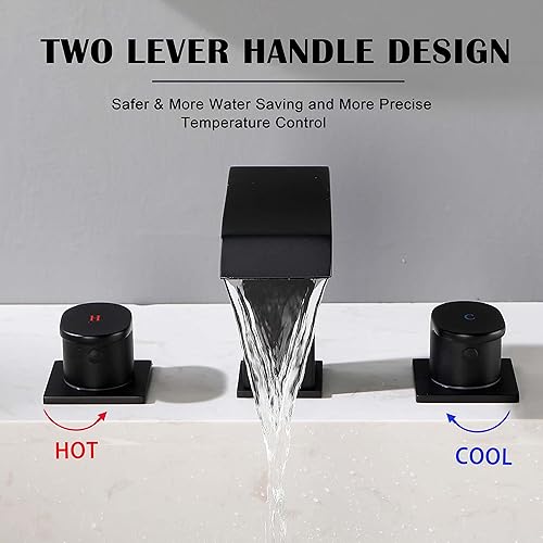 Miniatura 6 de Grifo de baño de cascada generalizado de 3 agujeros, grifos de fregadero de baño de 8 pulgadas, 2 manijas de grifo de lavabo negro mate con manguera