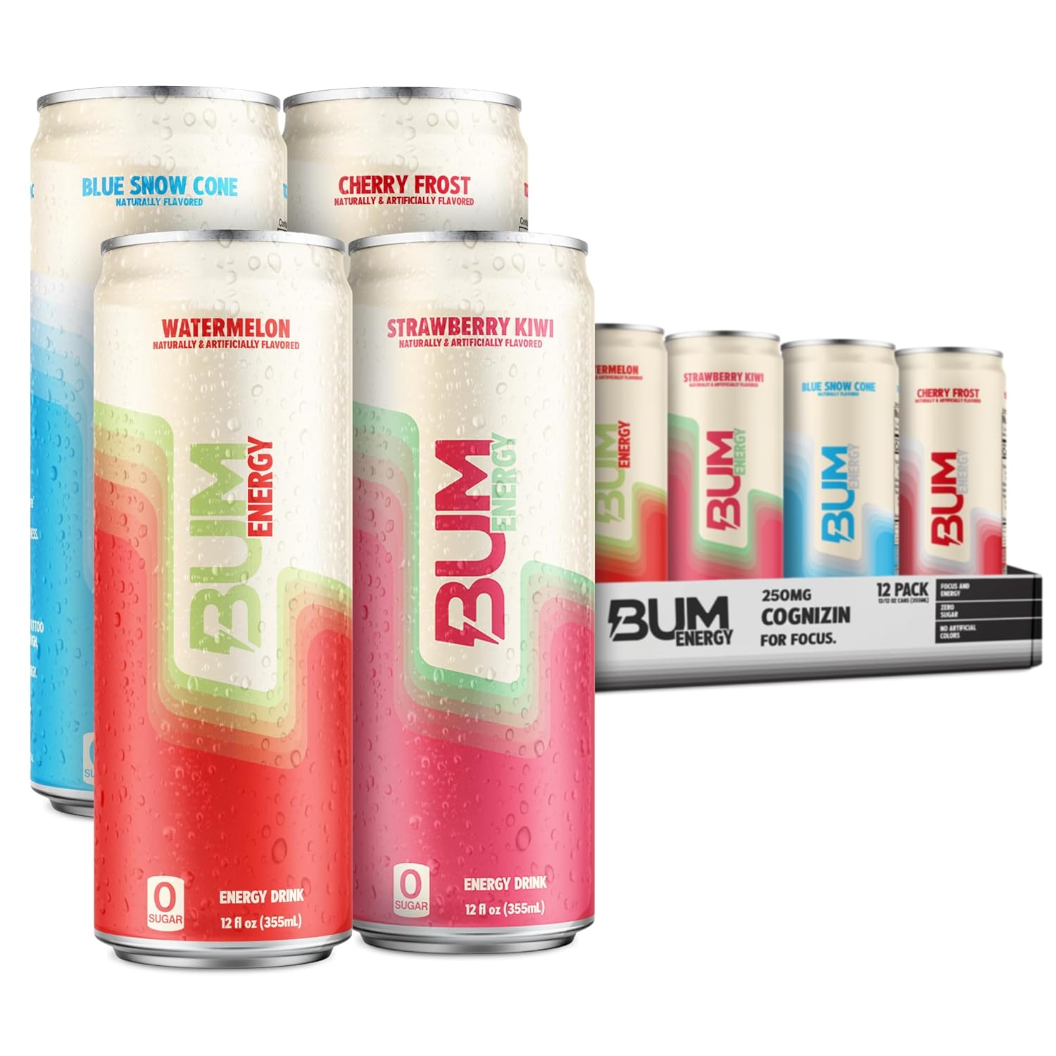 BUM Sugar-Free Energy Drink, Fruit Variety Pack - Lightly Carbonated Pre Workout Energy Drink with Natural Caffeine & Nootropics for Focus - Vegan & Keto Friendly Sports Beverage - 12 oz, Pack of 12