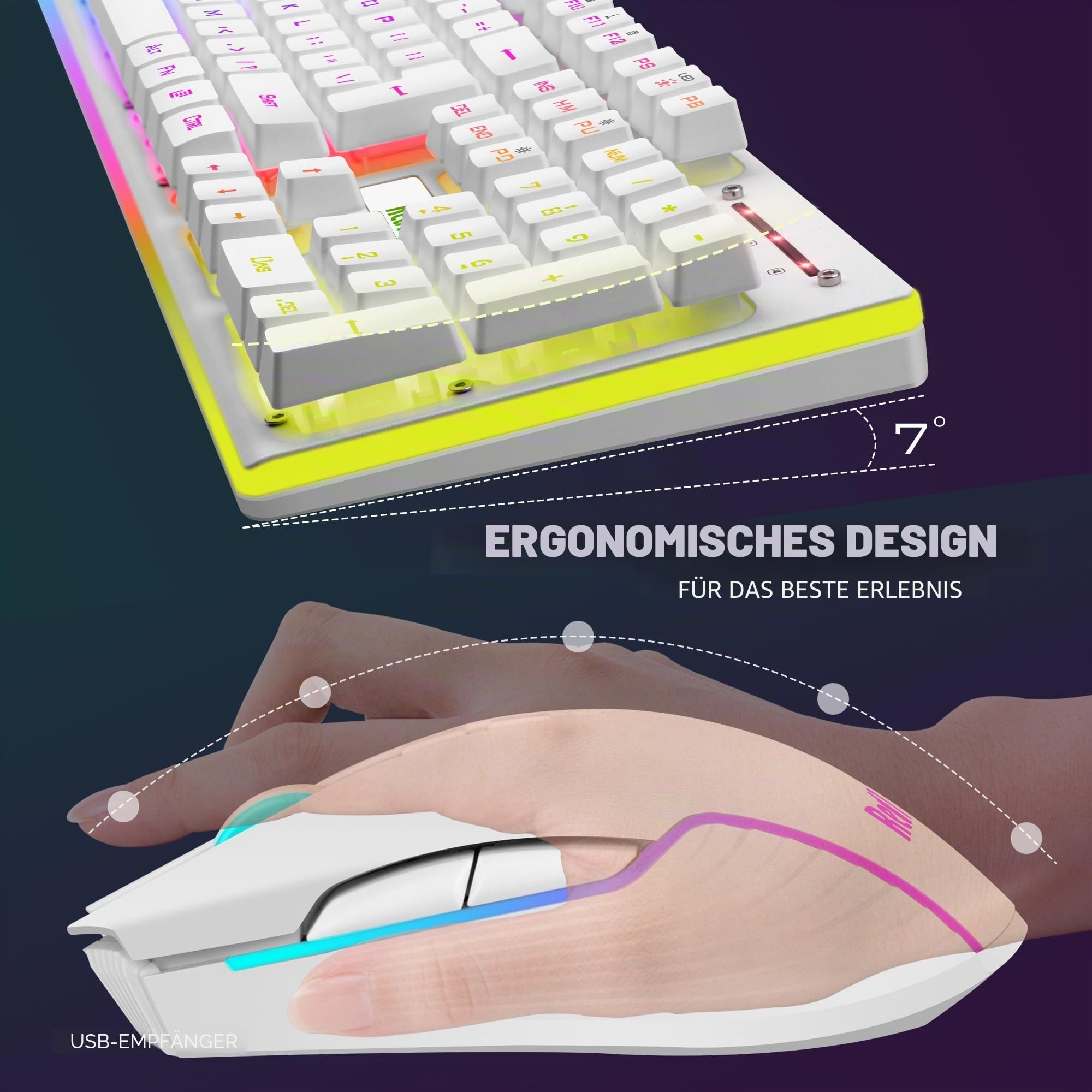 RedThunder K10 Kabellose Gaming-Tastatur und -Maus, LED-Hintergrundbeleuchtung, wiederaufladbarer Akku mit 3800 mAh, mechanisches Gefühl, Anti-Ghosting + 7D 3200 DPI-Maus, IT-Layout, PC-Spieler, weiß