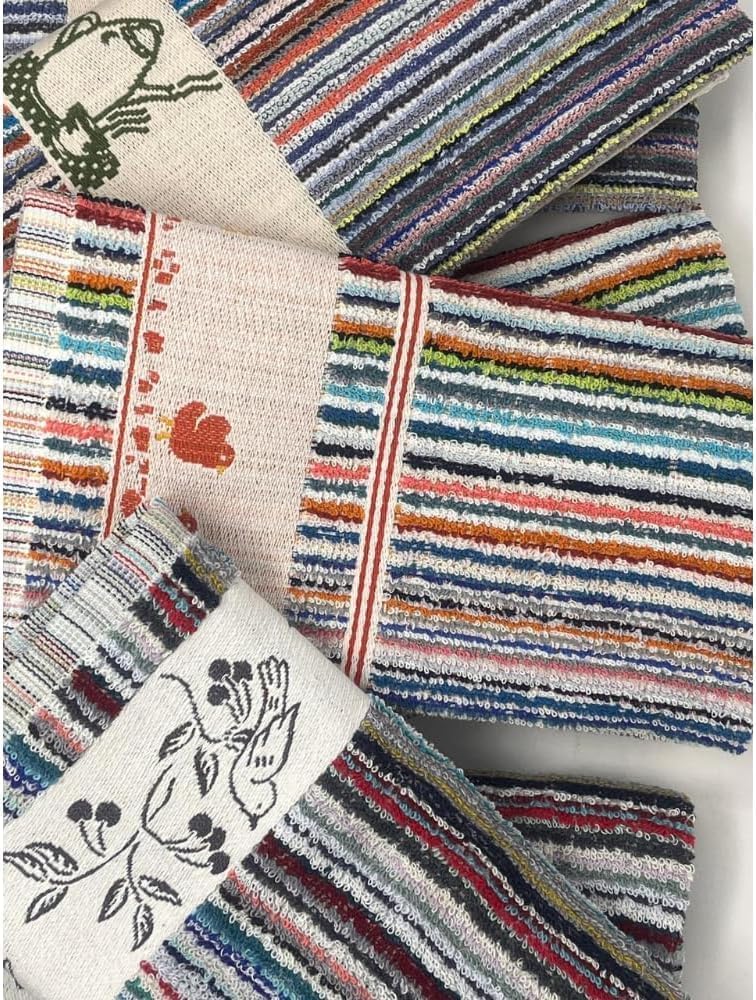 ZD Paños de Cocina RIZO 100% Algodón Multicolor Rayas Con Dibujo Bordado Pack 12 Toallas de Cocina